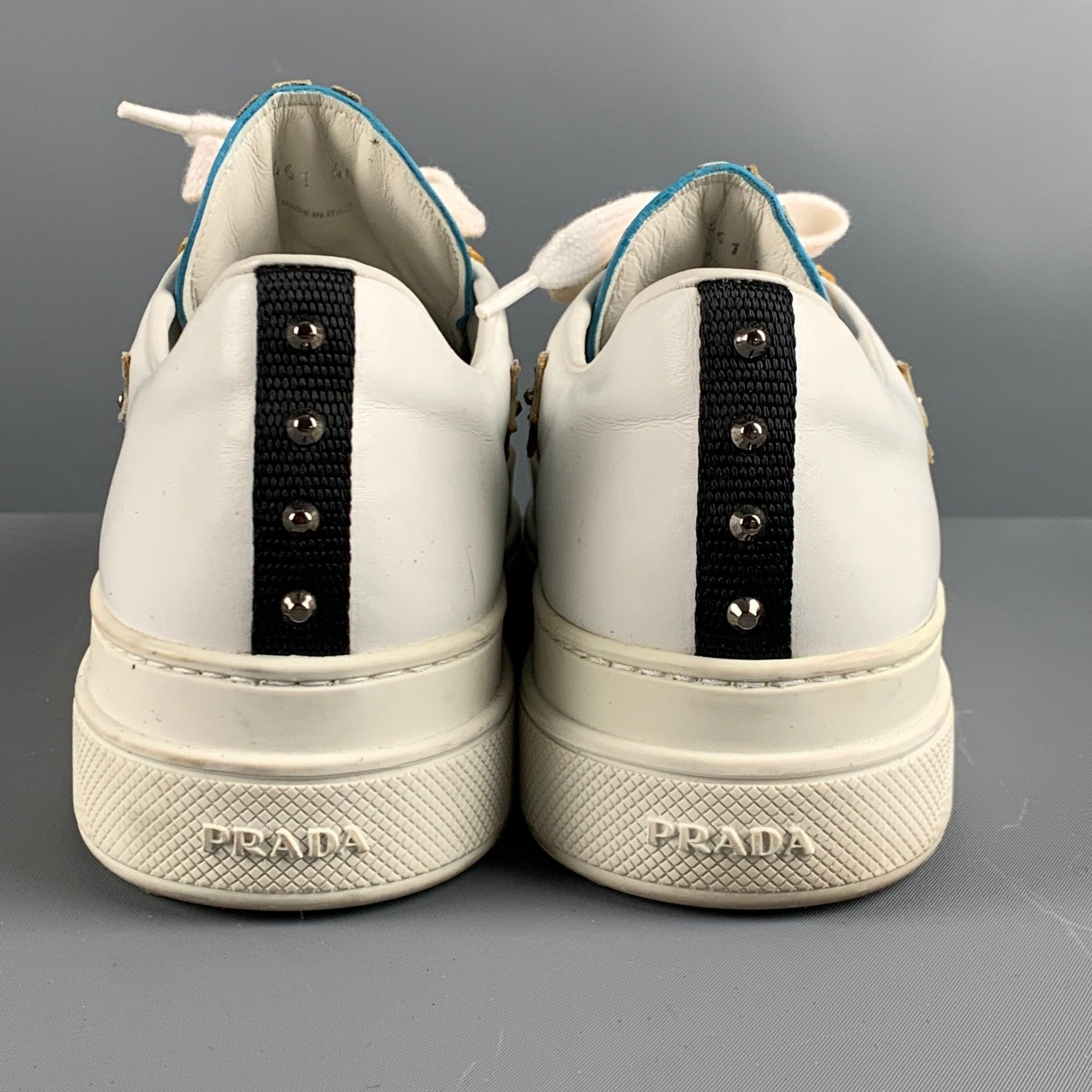 PRADA Size 10 White Multi-Color Leather Aplique Low Top Sneakers In Good Condition For Sale In San Francisco, CA