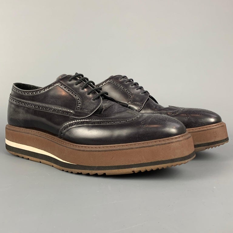 PRADA Size 9.5 Brown Perforated Leather Platform Lace-Up Shoes PRADA Size 9.5 Tan Grey Perforated Leather Platform Lace Up  main image 4