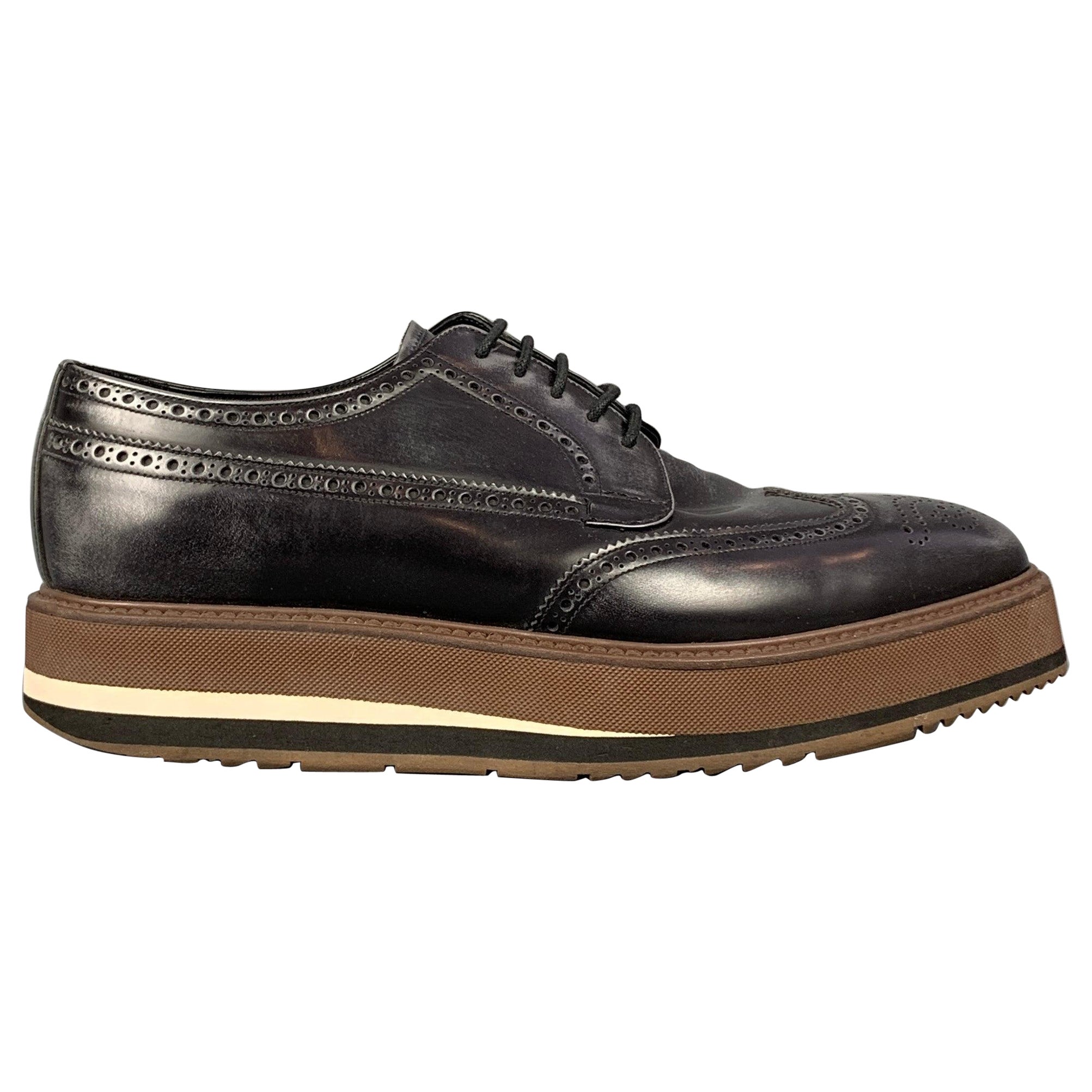 PRADA Taglia 10.5 Nero e Marrone Piattaforma in Pelle Traforata Scarpe Allacciate