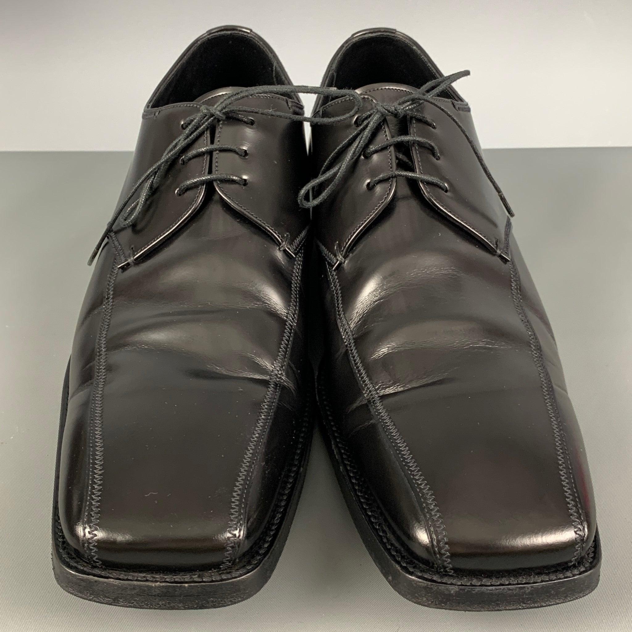Men's PRADA Size 10.5 Black Leather Square Toe Lace Up Shoes For Sale