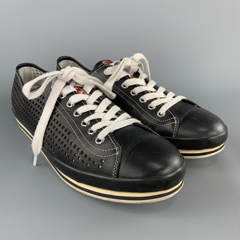 PRADA Size 10.5 Black Perforated Leather Lace Up Sneakers at 1stDibs