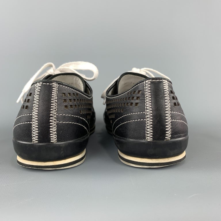 PRADA Size 10.5 Black Perforated Leather Lace Up Sneakers at 1stDibs