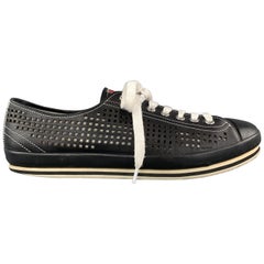 PRADA Size 10.5 Black Perforated Leather Lace Up Sneakers