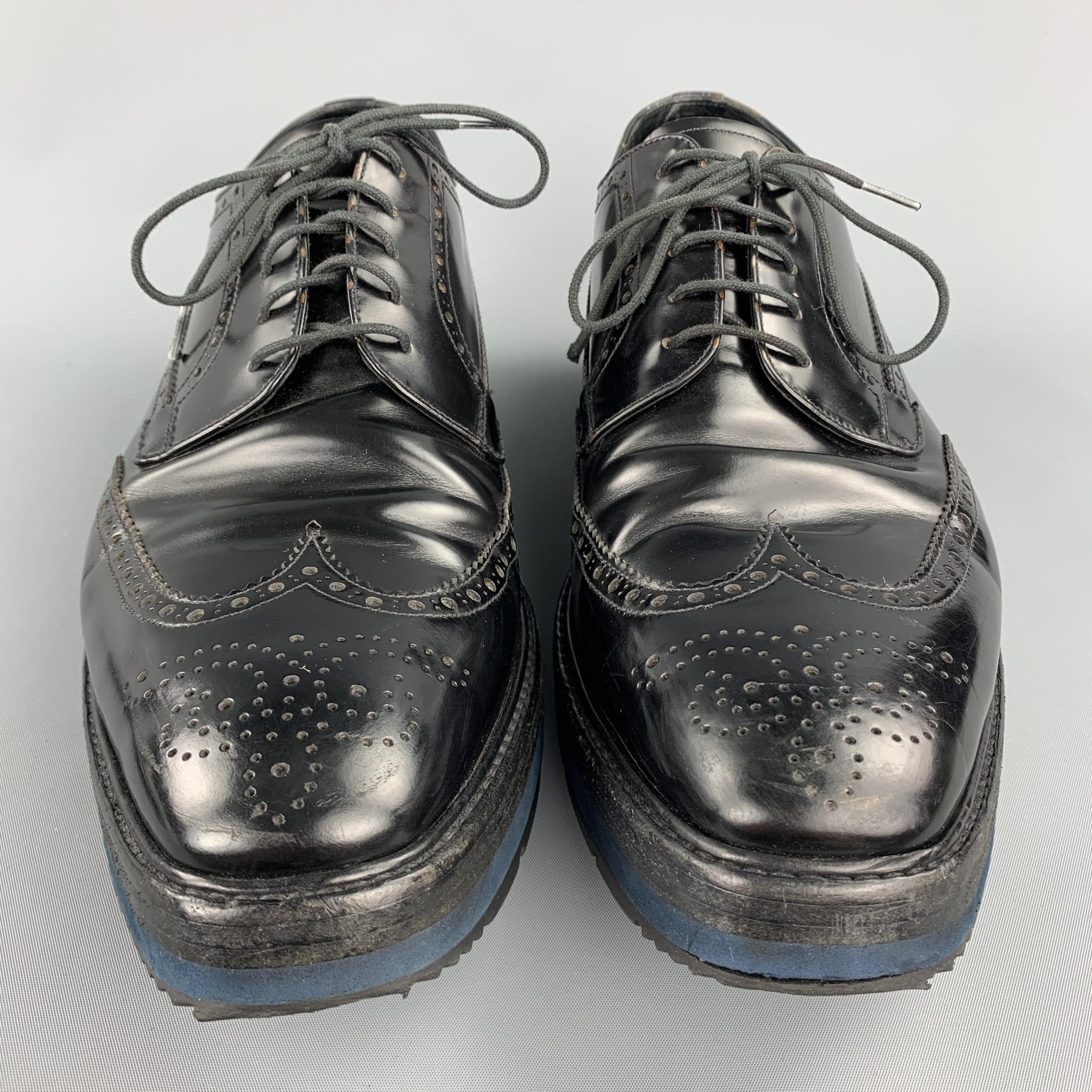 PRADA Size 10.5 Black Perforated Leather Platform Lace Up Shoes In Excellent Condition In San Francisco, CA