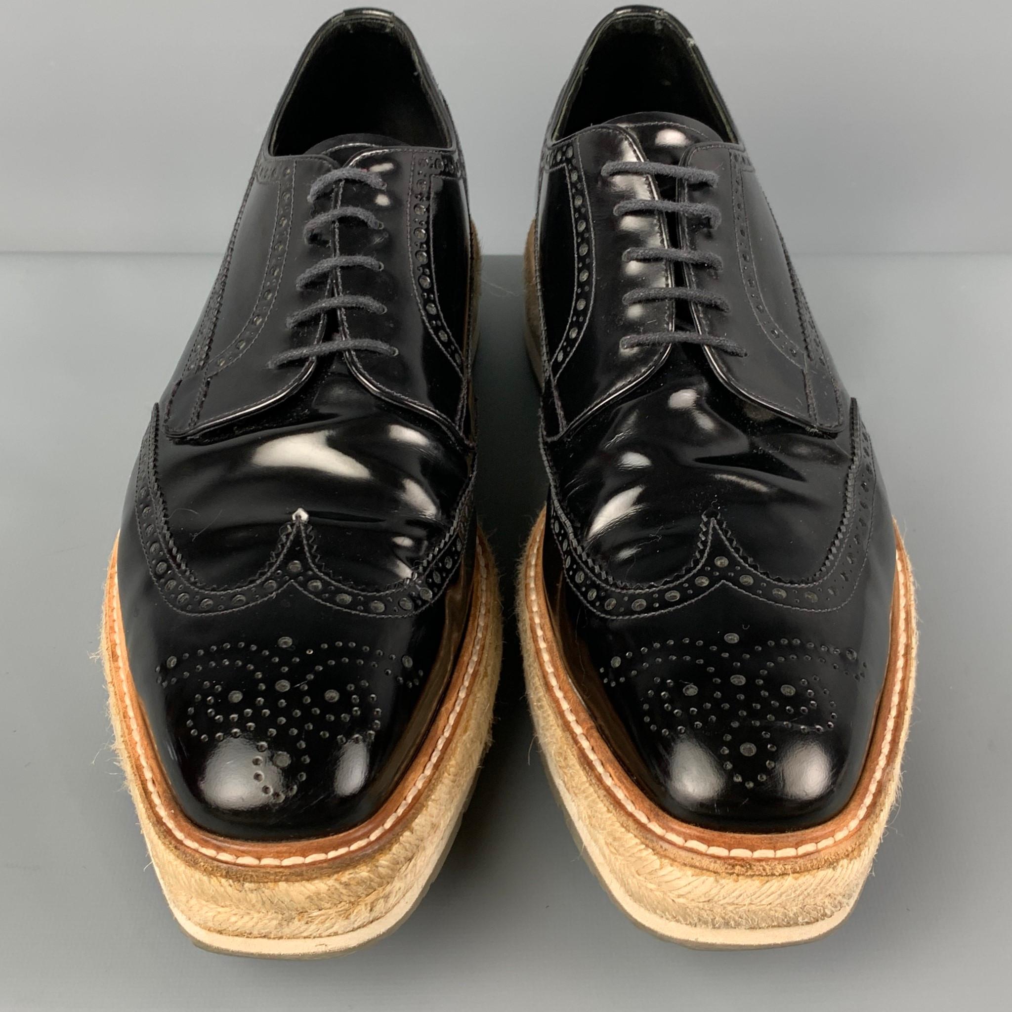 Men's PRADA Size 10.5 Black Perforated Leather Wingtip Lace Up Shoes