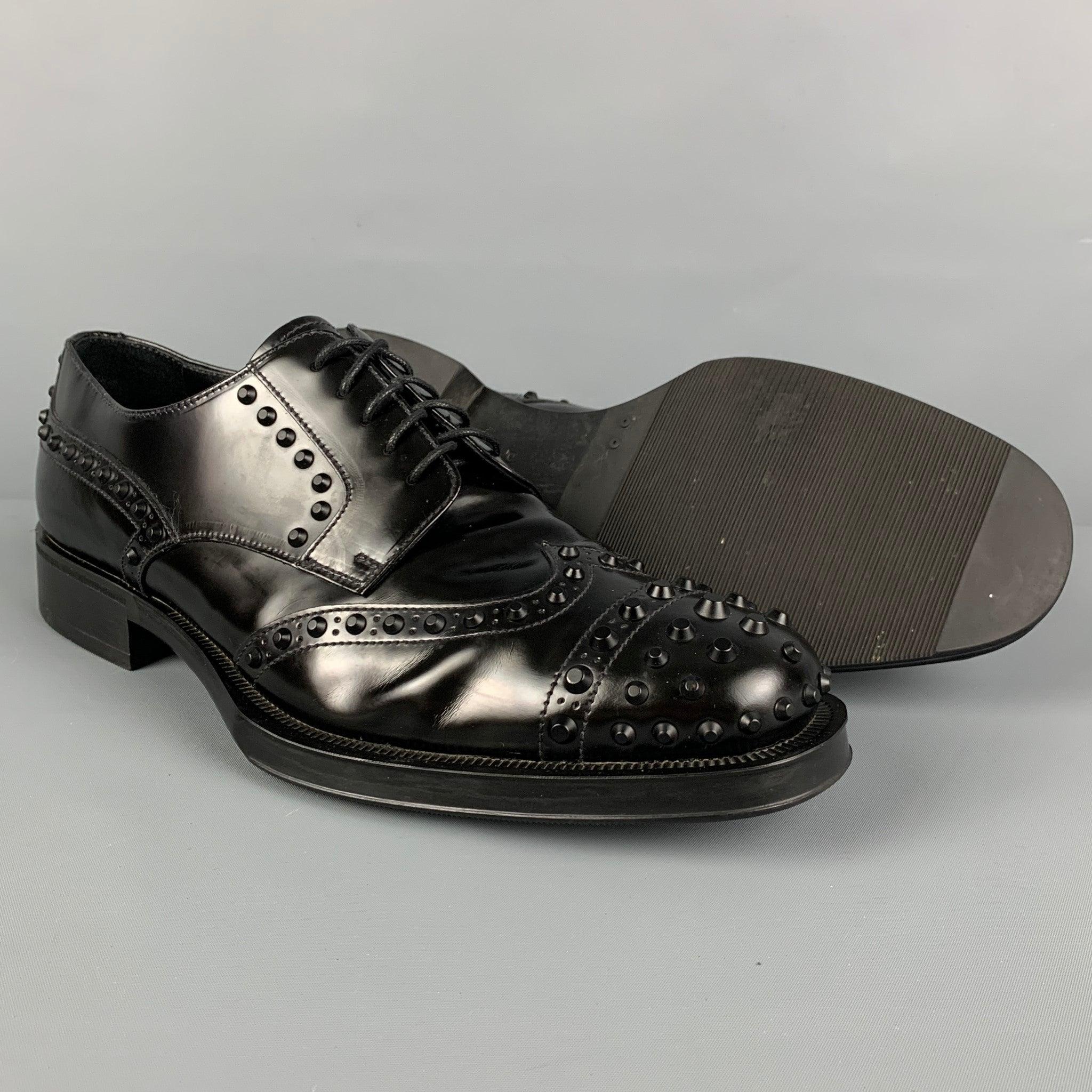 PRADA Size 10.5 Black Studded Leather Lace Up Shoes In Good Condition For Sale In San Francisco, CA