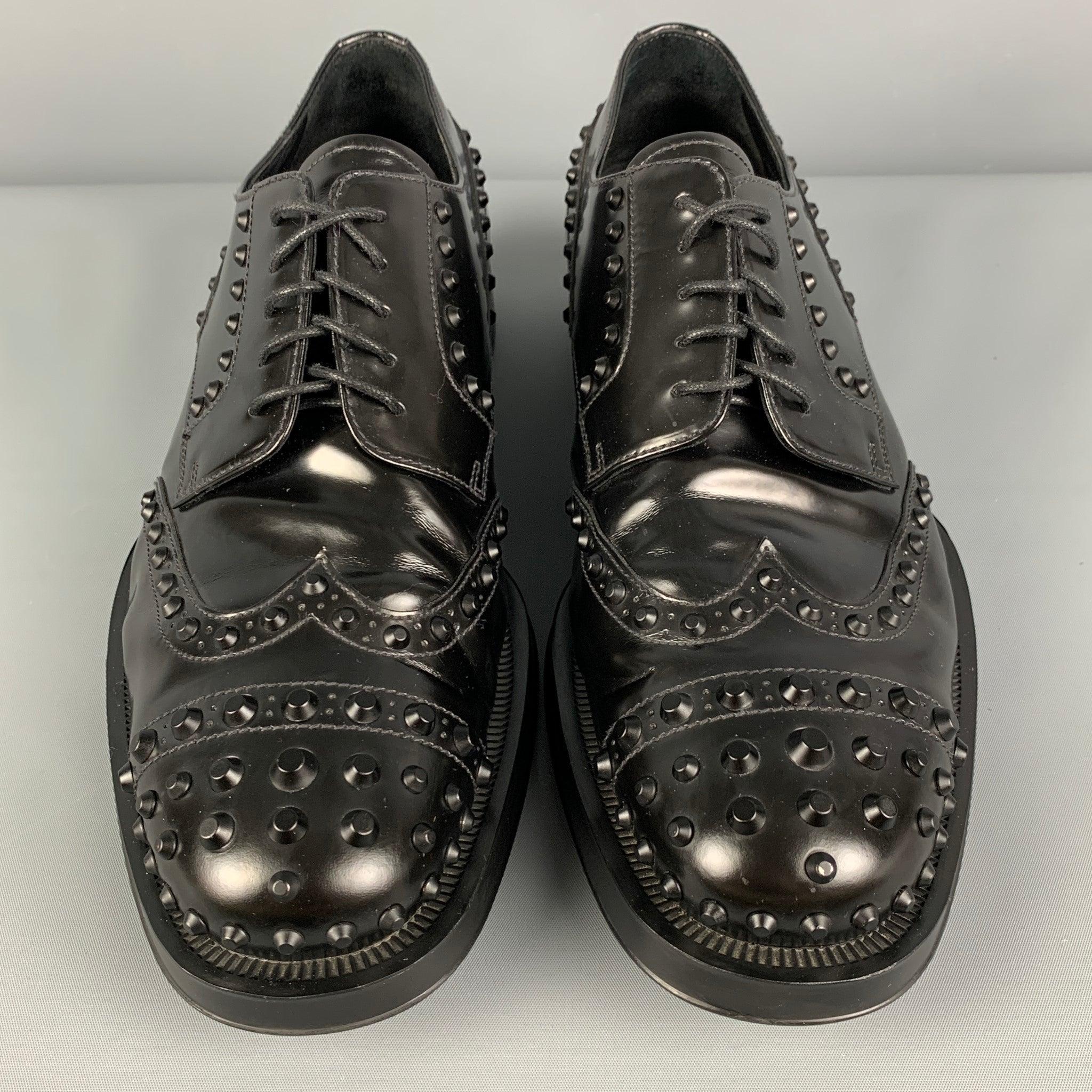 Men's PRADA Size 10.5 Black Studded Leather Lace Up Shoes For Sale
