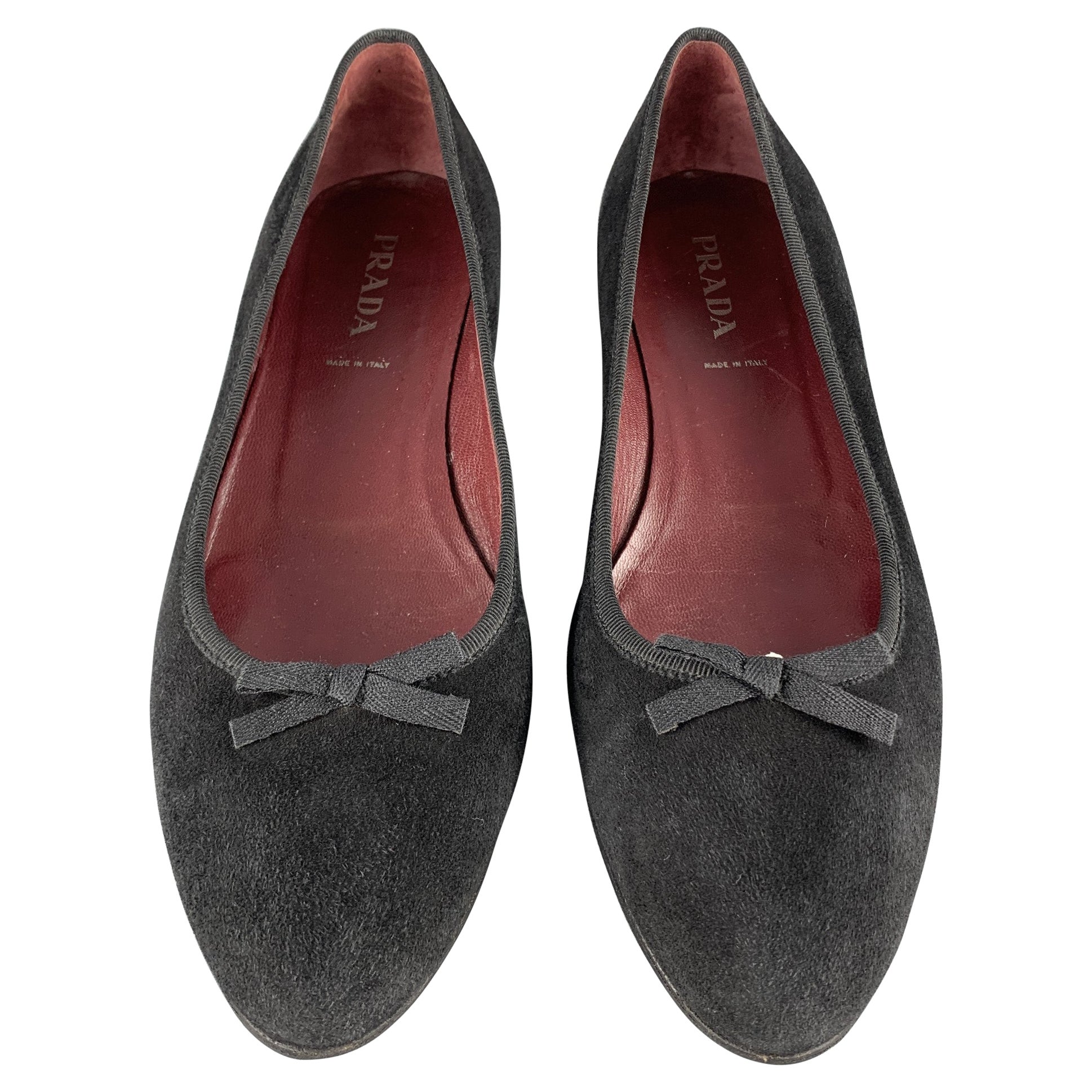 PRADA Size 10.5 Black Suede Pointed Bow Flats