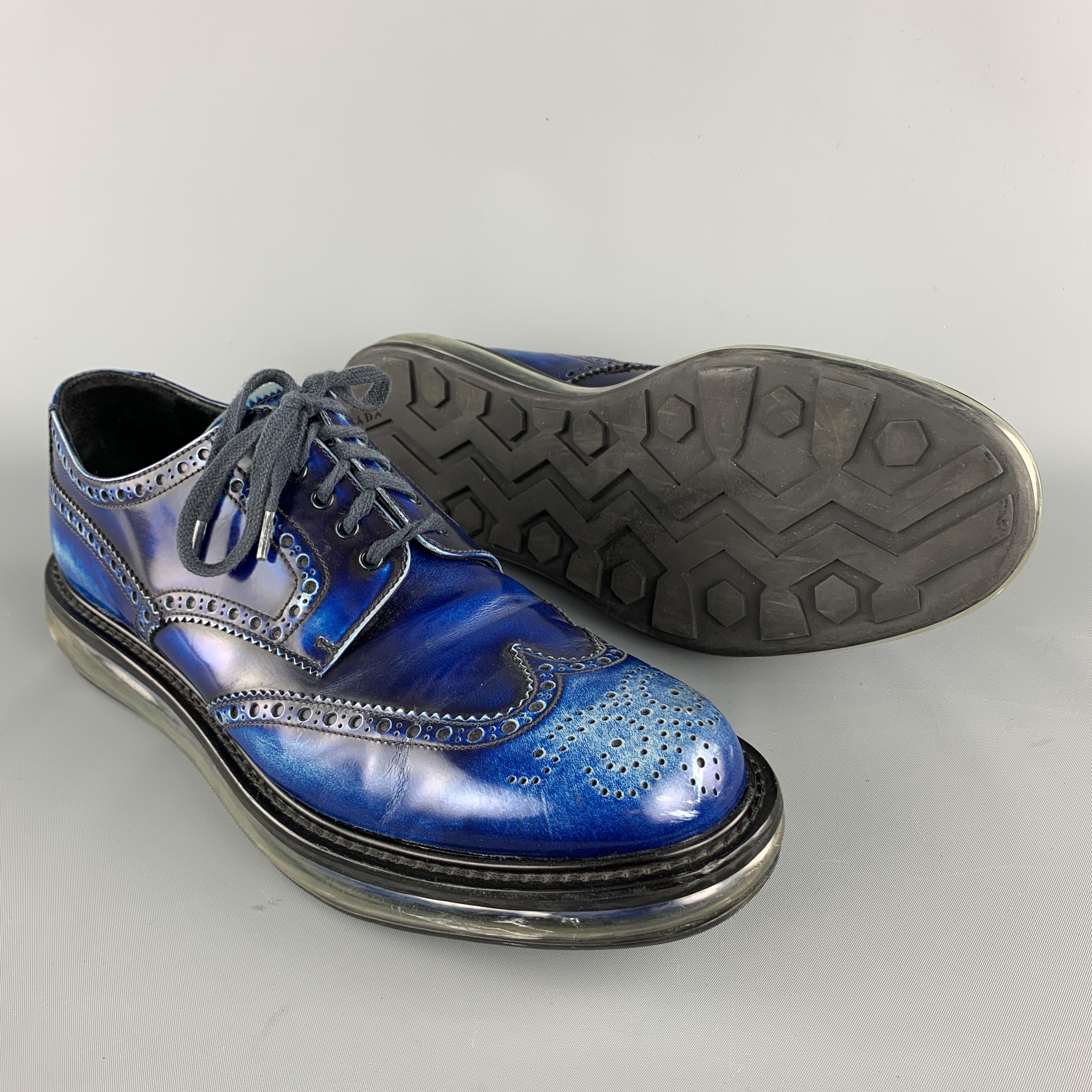 Black PRADA Size 10.5 Electric Blue Antique Leather Wingtip Lace Up Shoes