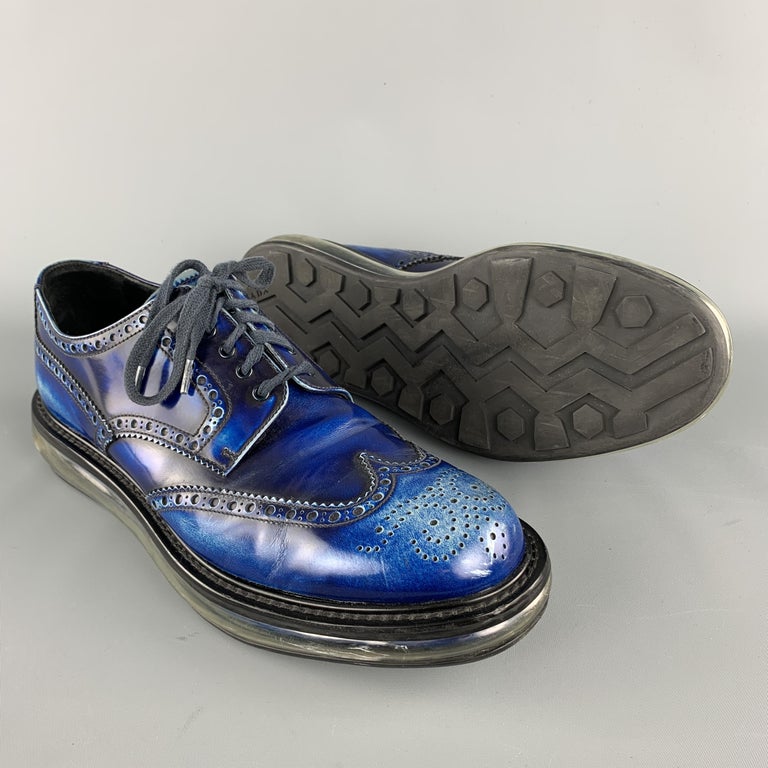 PRADA Size 10.5 Electric Blue Antique Leather Wingtip Lace Up Shoes at ...