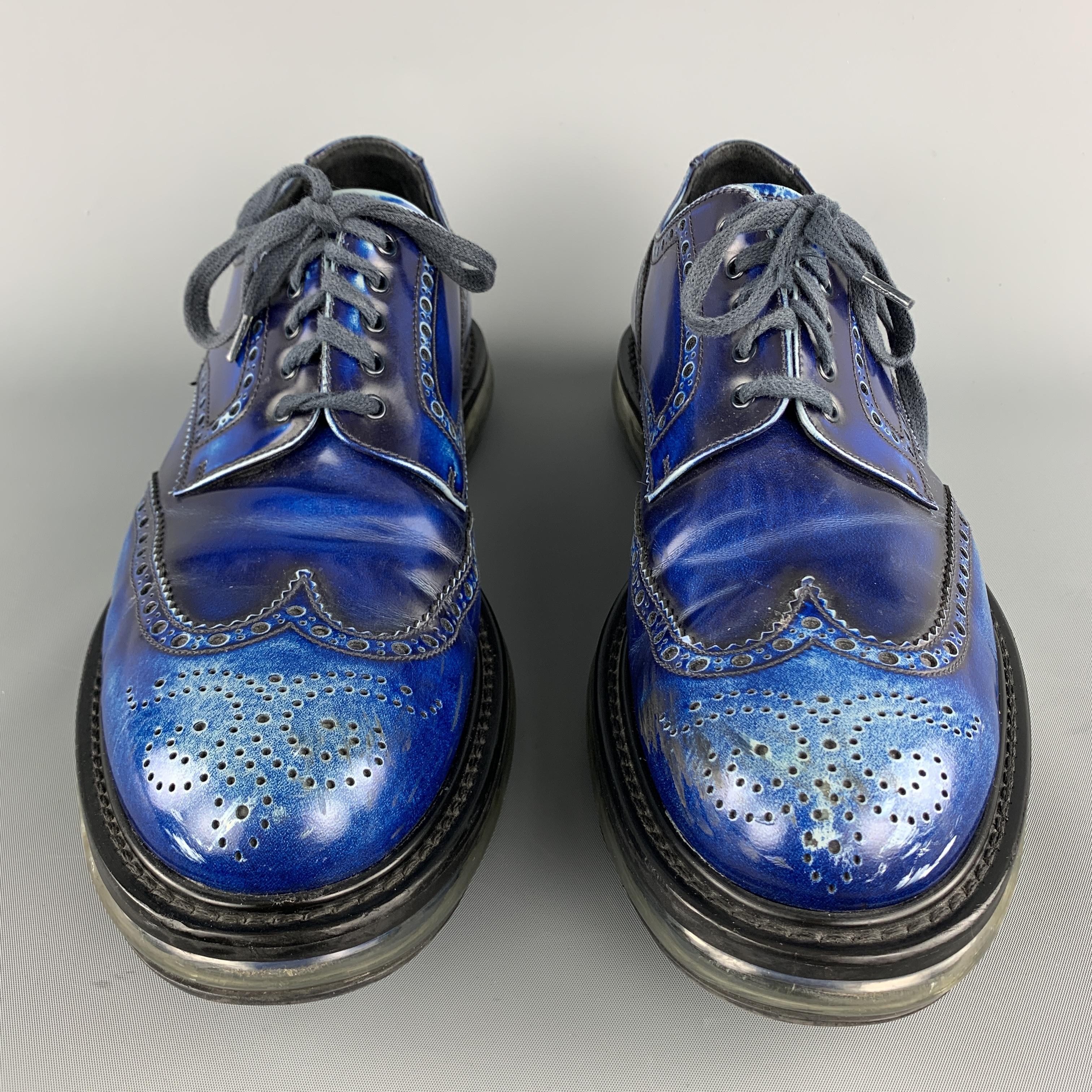 PRADA Size 10.5 Electric Blue Antique Leather Wingtip Lace Up Shoes In Good Condition In San Francisco, CA