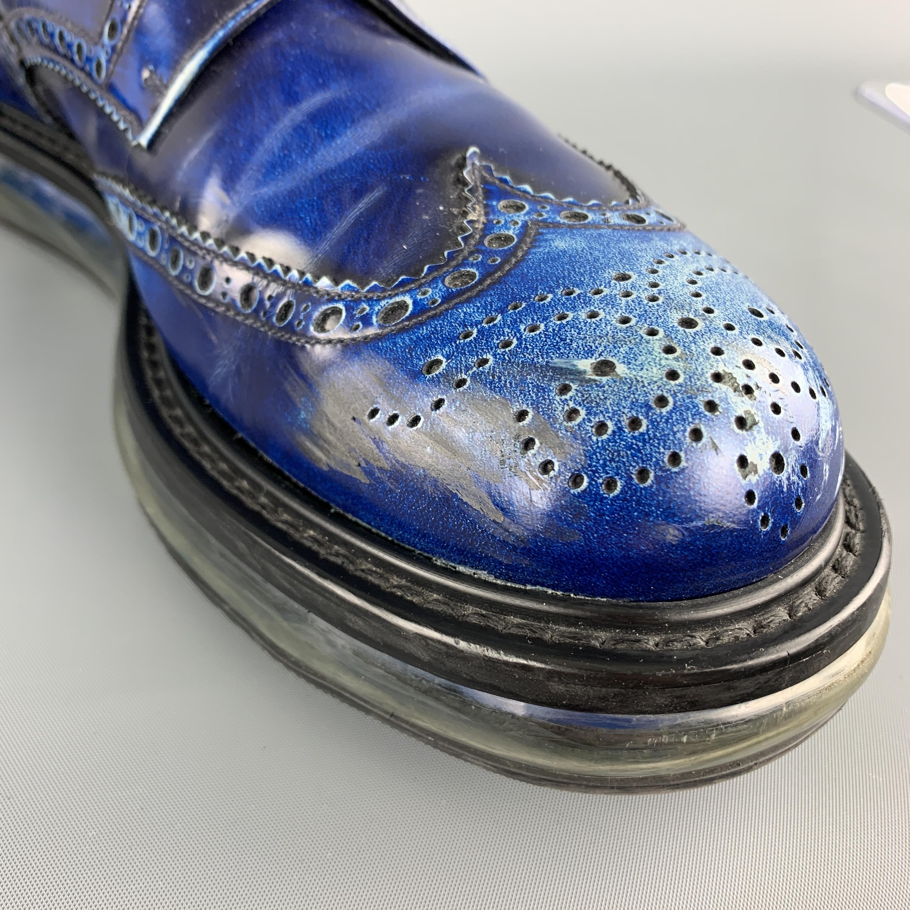 PRADA Size 10.5 Electric Blue Antique Leather Wingtip Lace Up Shoes 2
