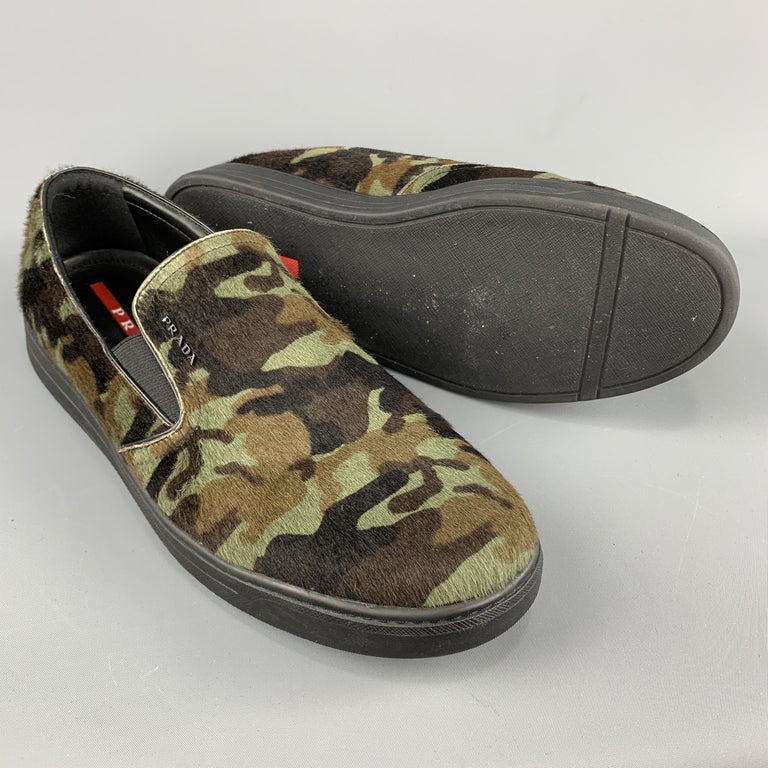 PRADA Size 10.5 Green Camouflage Poinyhair Leather Slip On Sneakers at