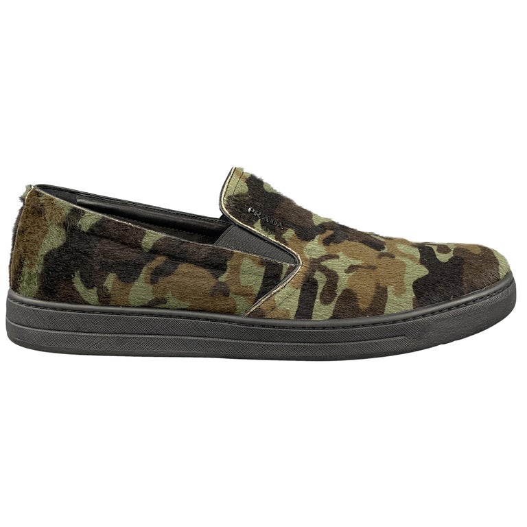 PRADA Size 10.5 Green Camouflage Poinyhair Leather Slip On Sneakers at ...