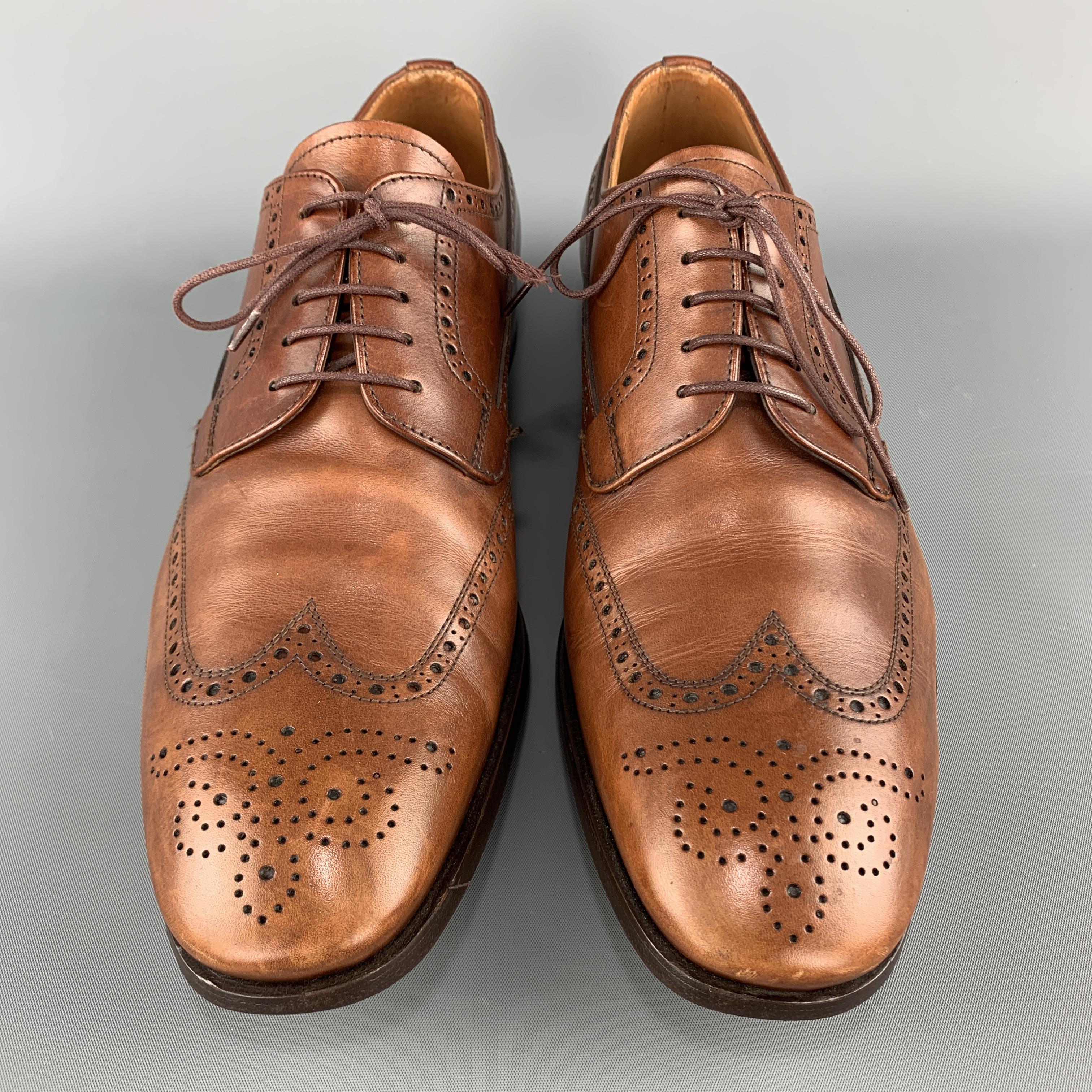 PRADA Size 10.5 Tan Leather Wingtip Lace Up Brogues In Good Condition In San Francisco, CA