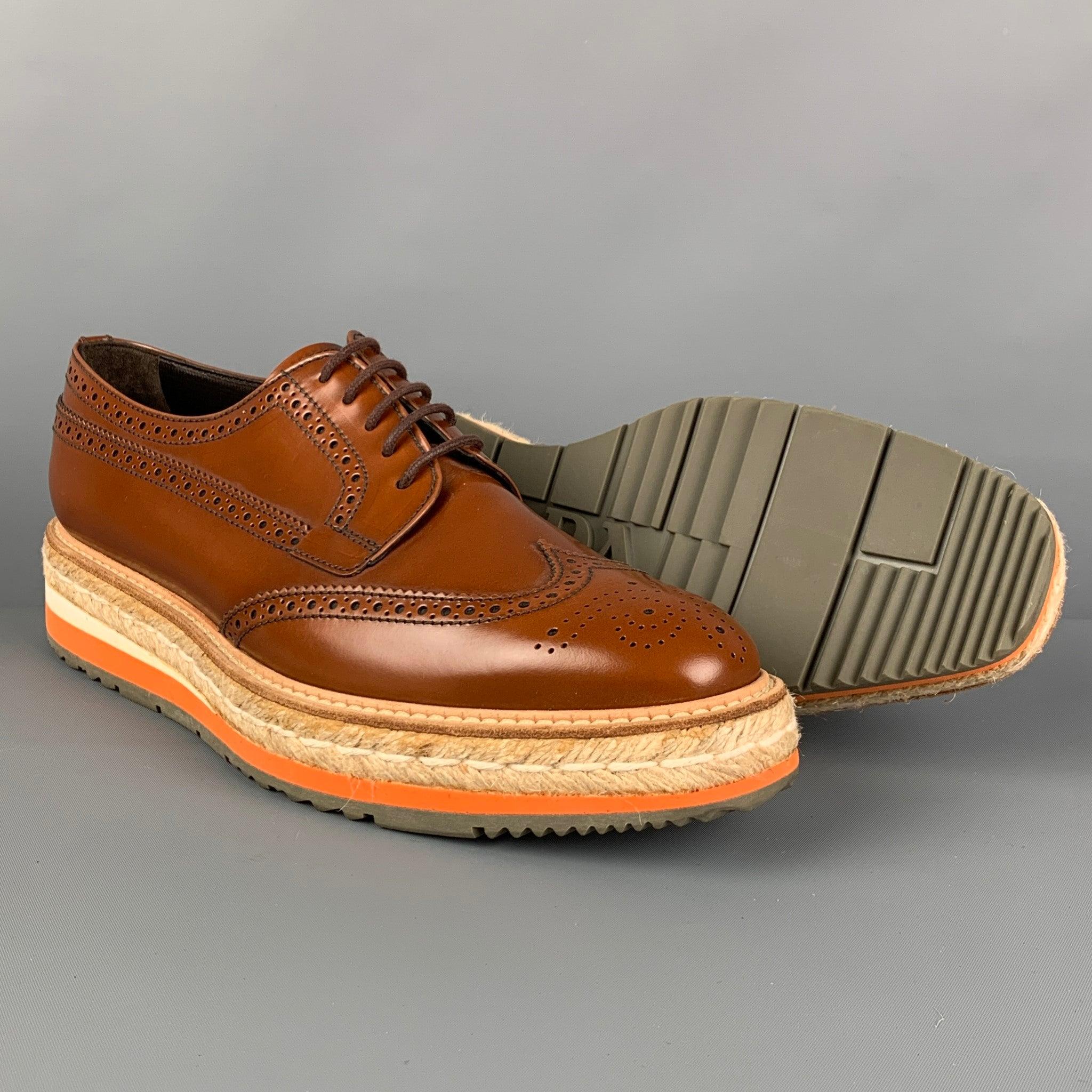 PRADA Size 10.5 Tan Orange Leather Perforated Wingtip Laces In Good Condition In San Francisco, CA