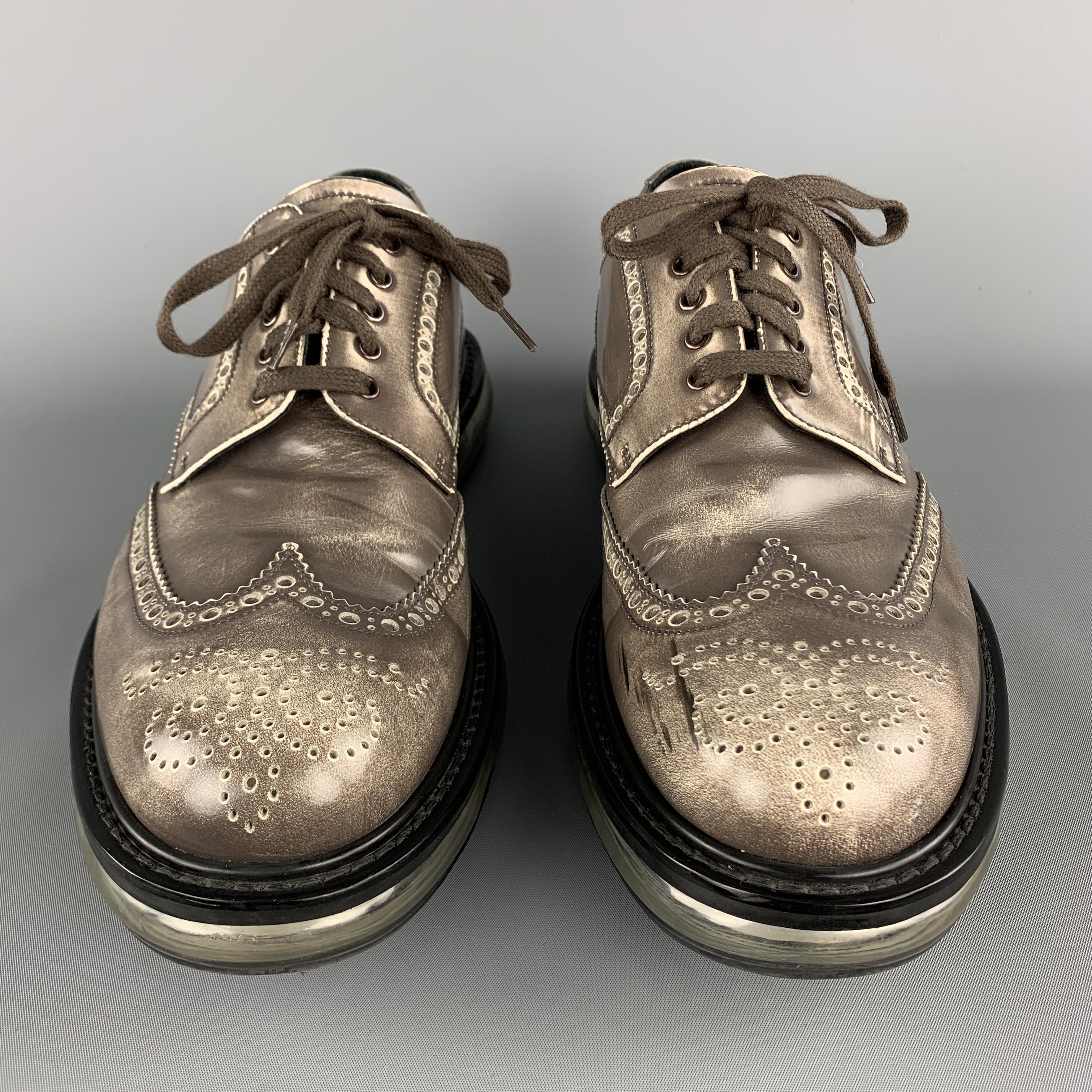 PRADA Size 10.5 Taupe Antique Leather Wingtip Lace Up Shoes In Good Condition In San Francisco, CA
