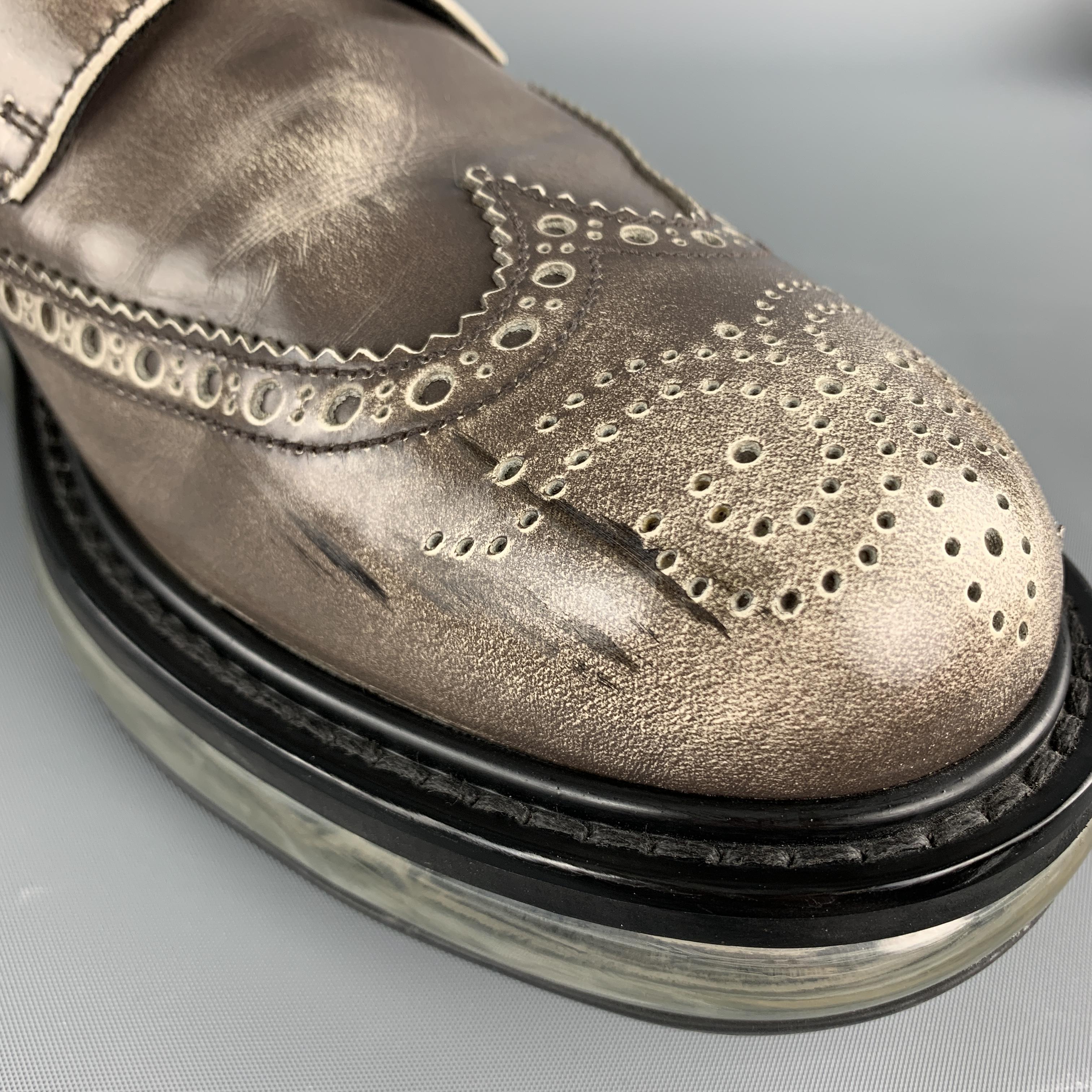 PRADA Size 10.5 Taupe Antique Leather Wingtip Lace Up Shoes 2