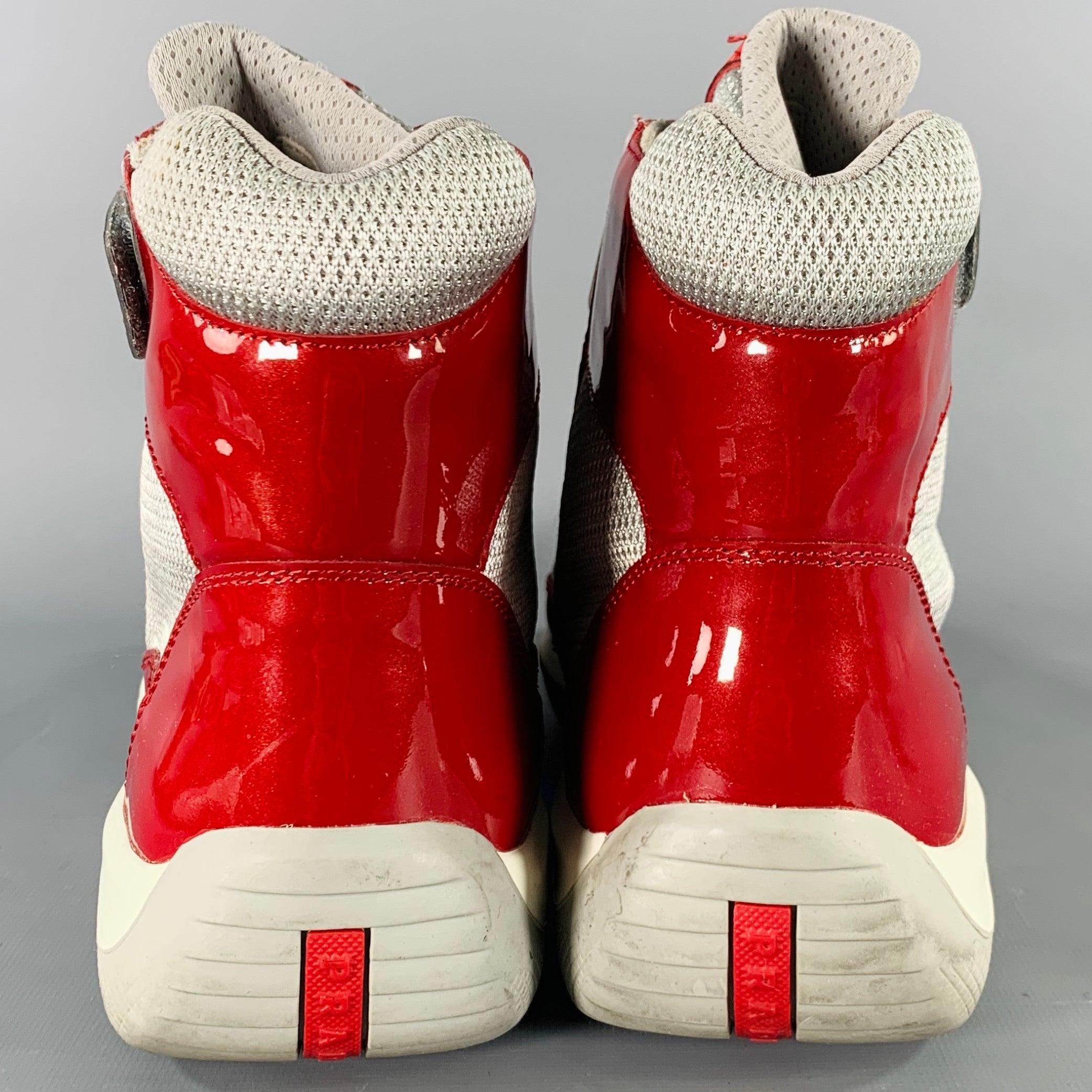 Brown PRADA Size 11 America's Cup Red Silver  Mesh High Top Sneakers For Sale