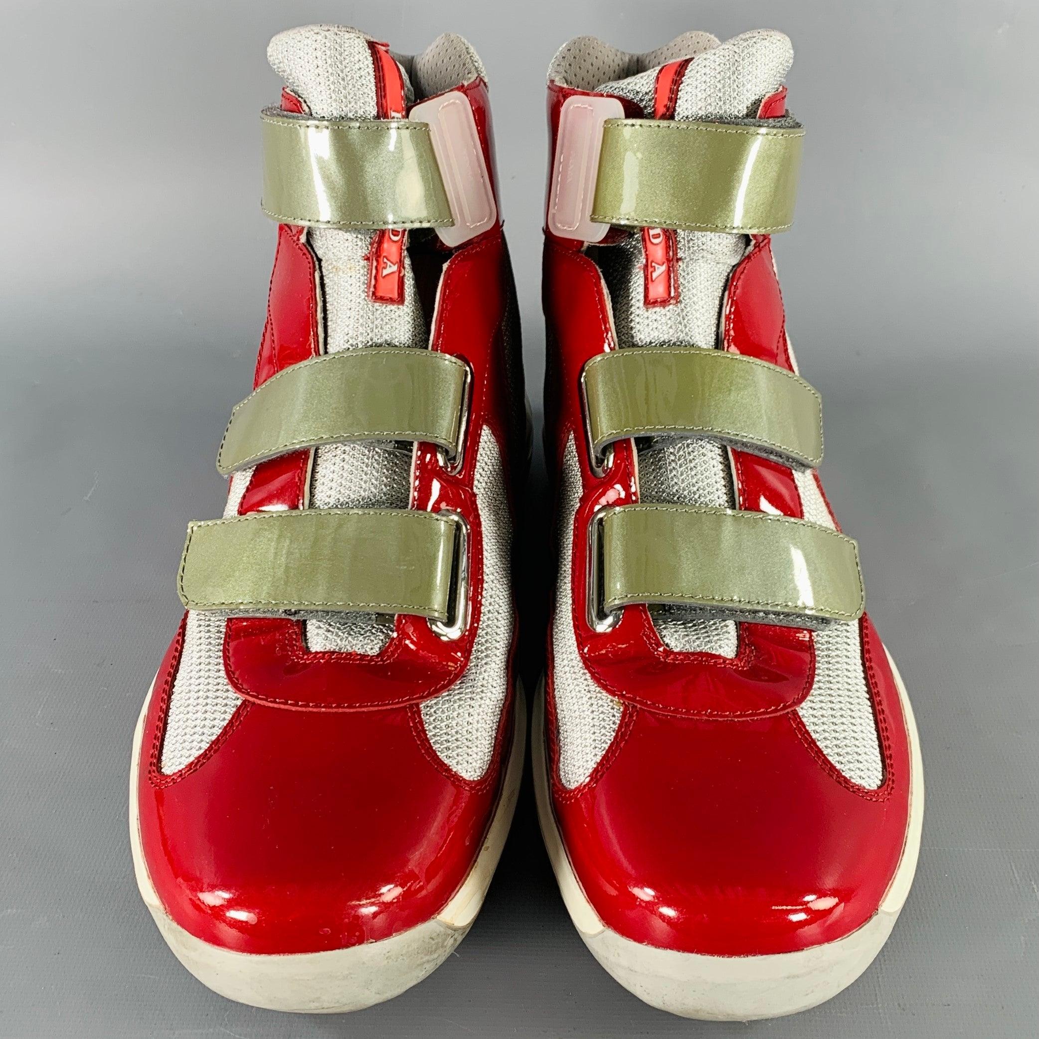 PRADA Size 11 America's Cup Red Silver  Mesh High Top Sneakers In Good Condition For Sale In San Francisco, CA