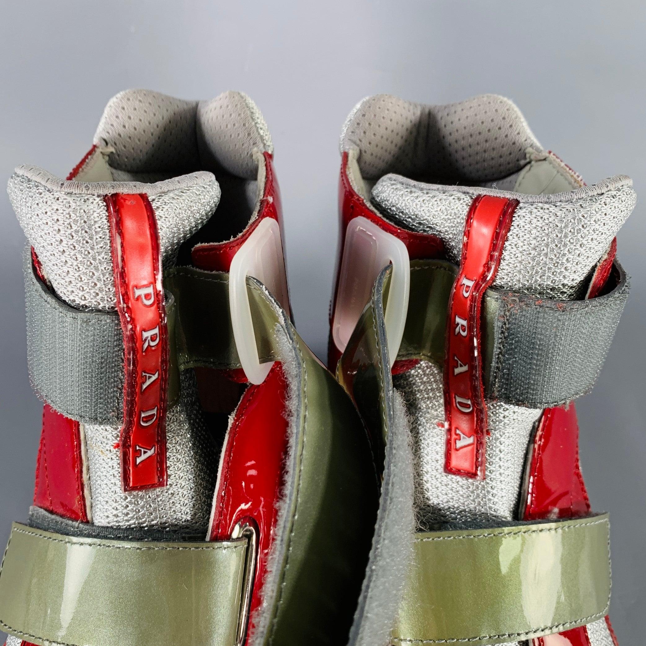 Men's PRADA Size 11 America's Cup Red Silver  Mesh High Top Sneakers For Sale