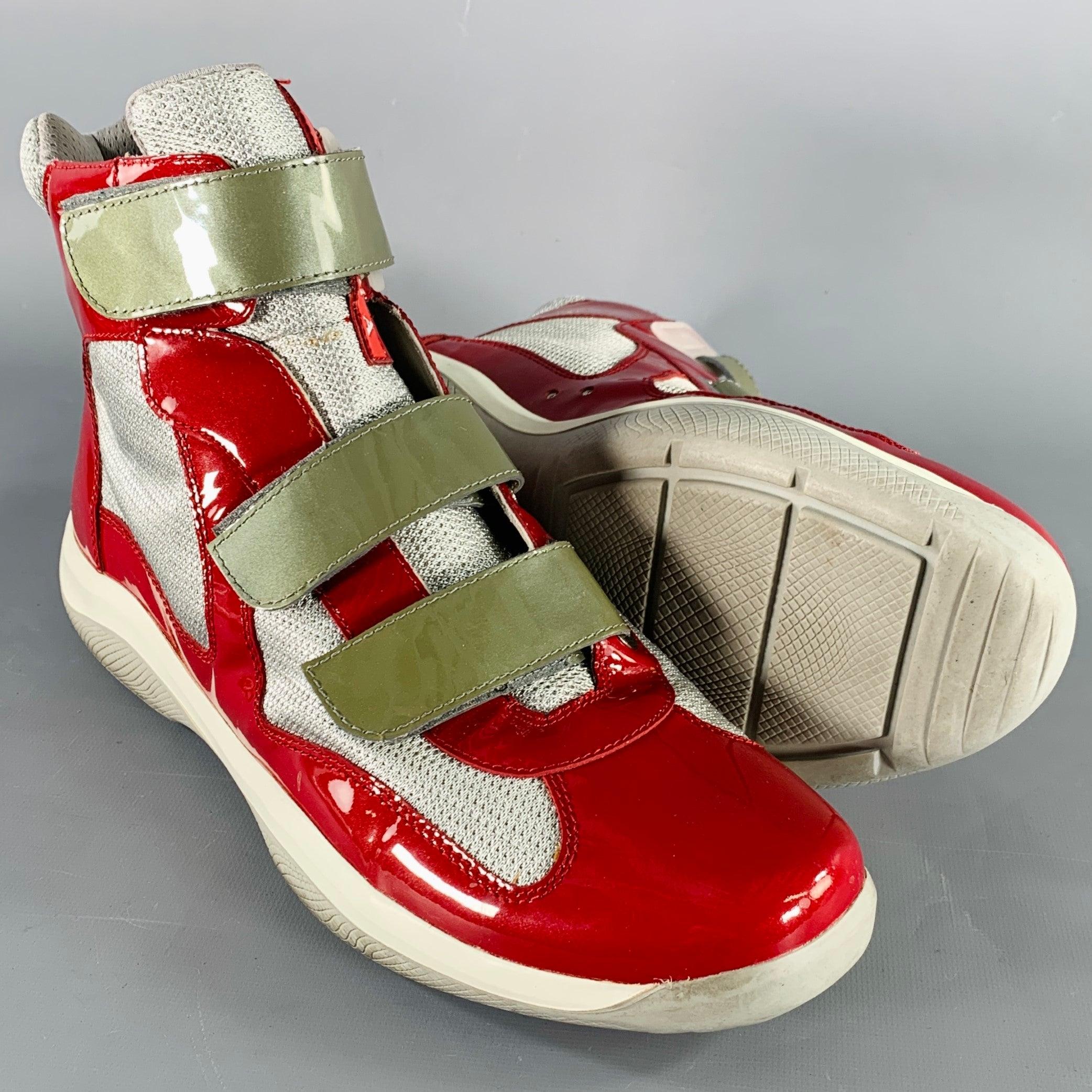 PRADA Size 11 America's Cup Red Silver  Mesh High Top Sneakers For Sale 1