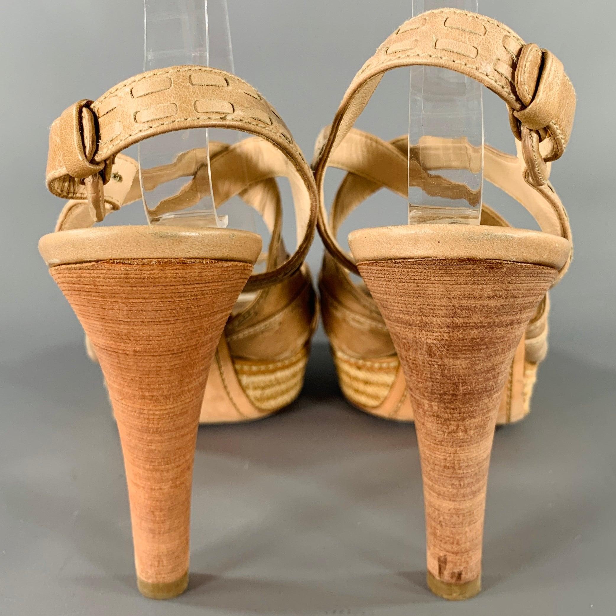 PRADA Size 11 Beige Taupe Leather Woven Espadrille Sandals In Good Condition For Sale In San Francisco, CA