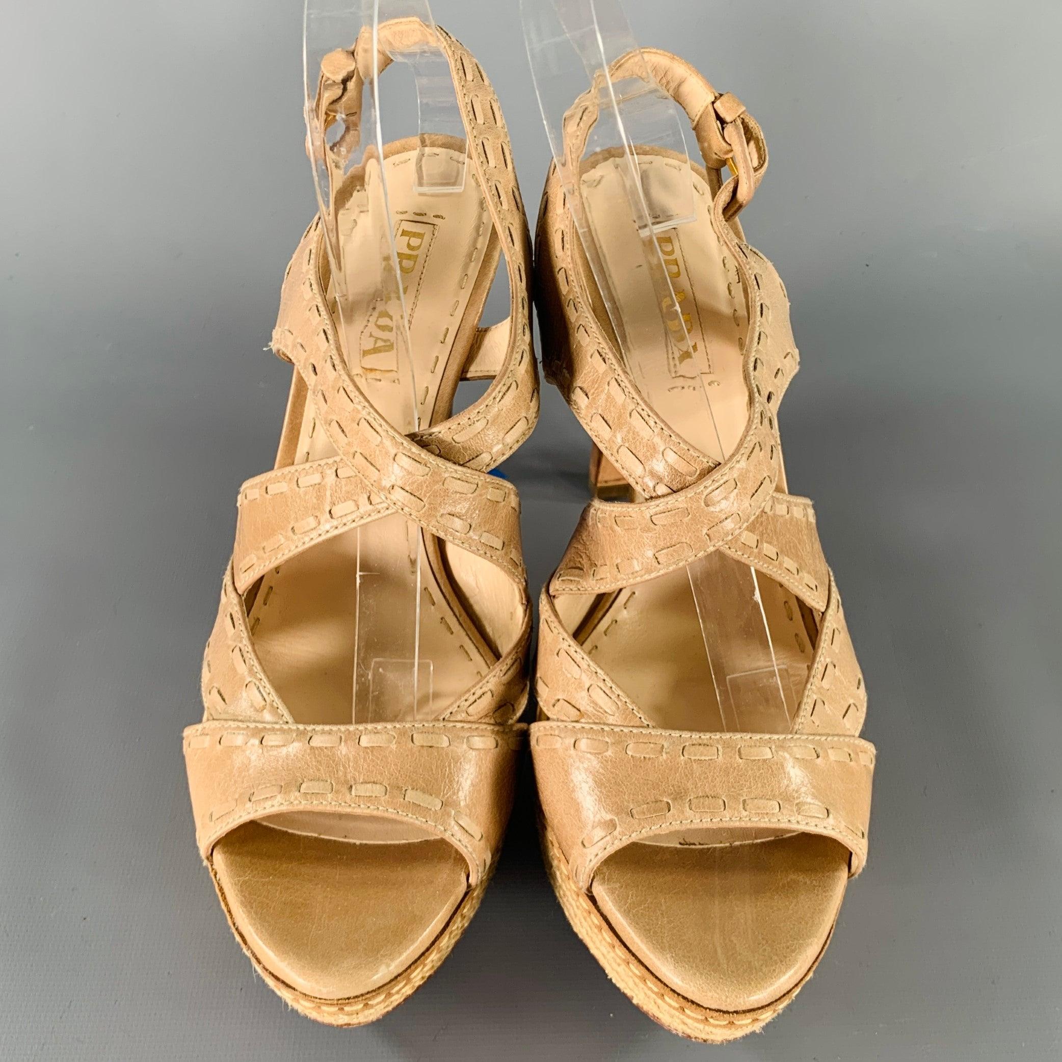 Women's PRADA Size 11 Beige Taupe Leather Woven Espadrille Sandals For Sale