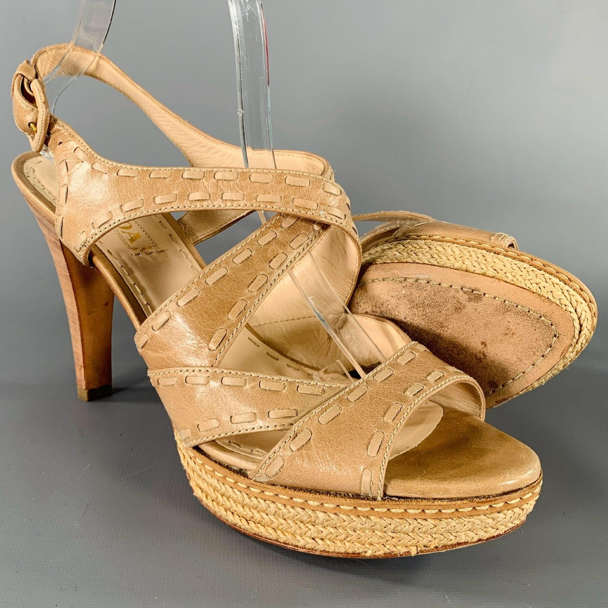 PRADA Size 11 Beige Taupe Leather Woven Espadrille Sandals For Sale 1