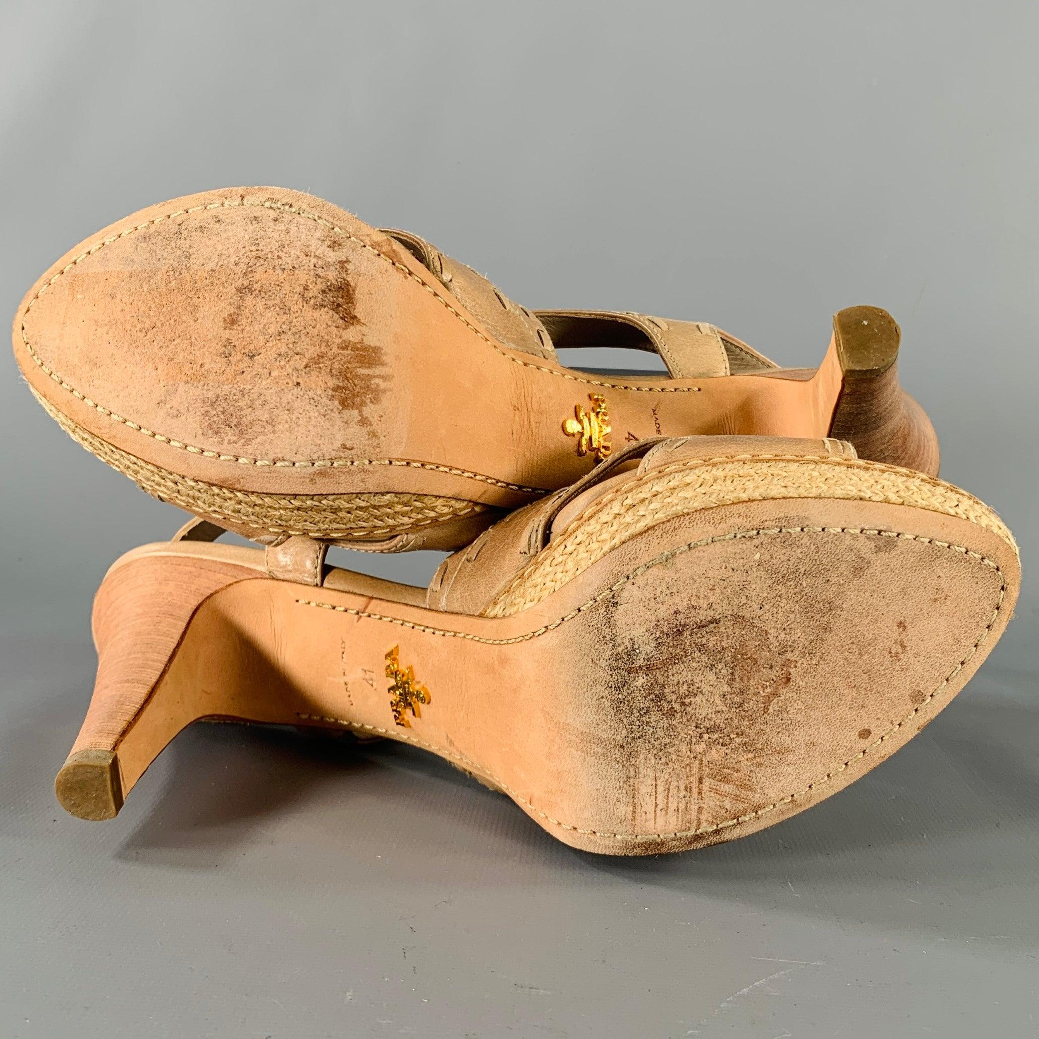 PRADA Size 11 Beige Taupe Leather Woven Espadrille Sandals For Sale 2