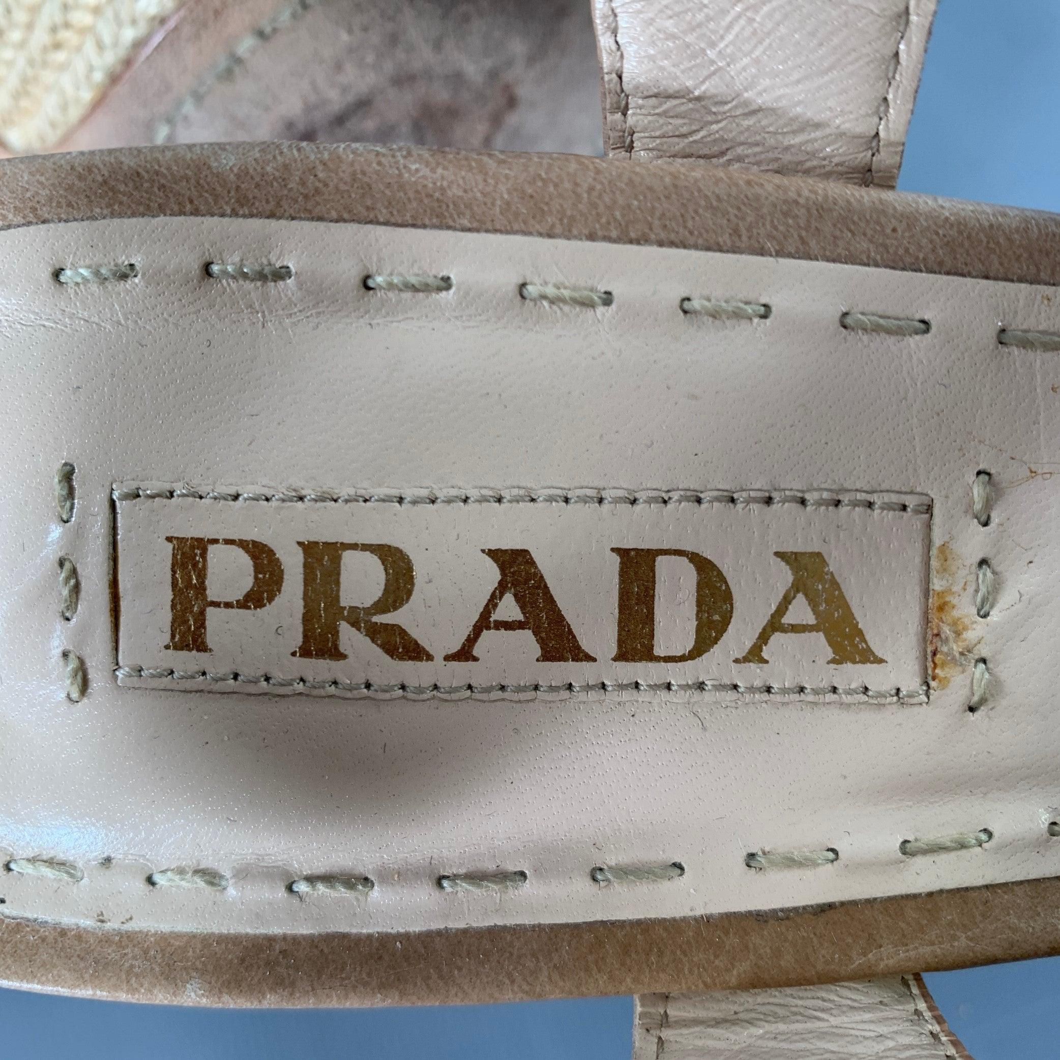 PRADA Size 11 Beige Taupe Leather Woven Espadrille Sandals For Sale 3