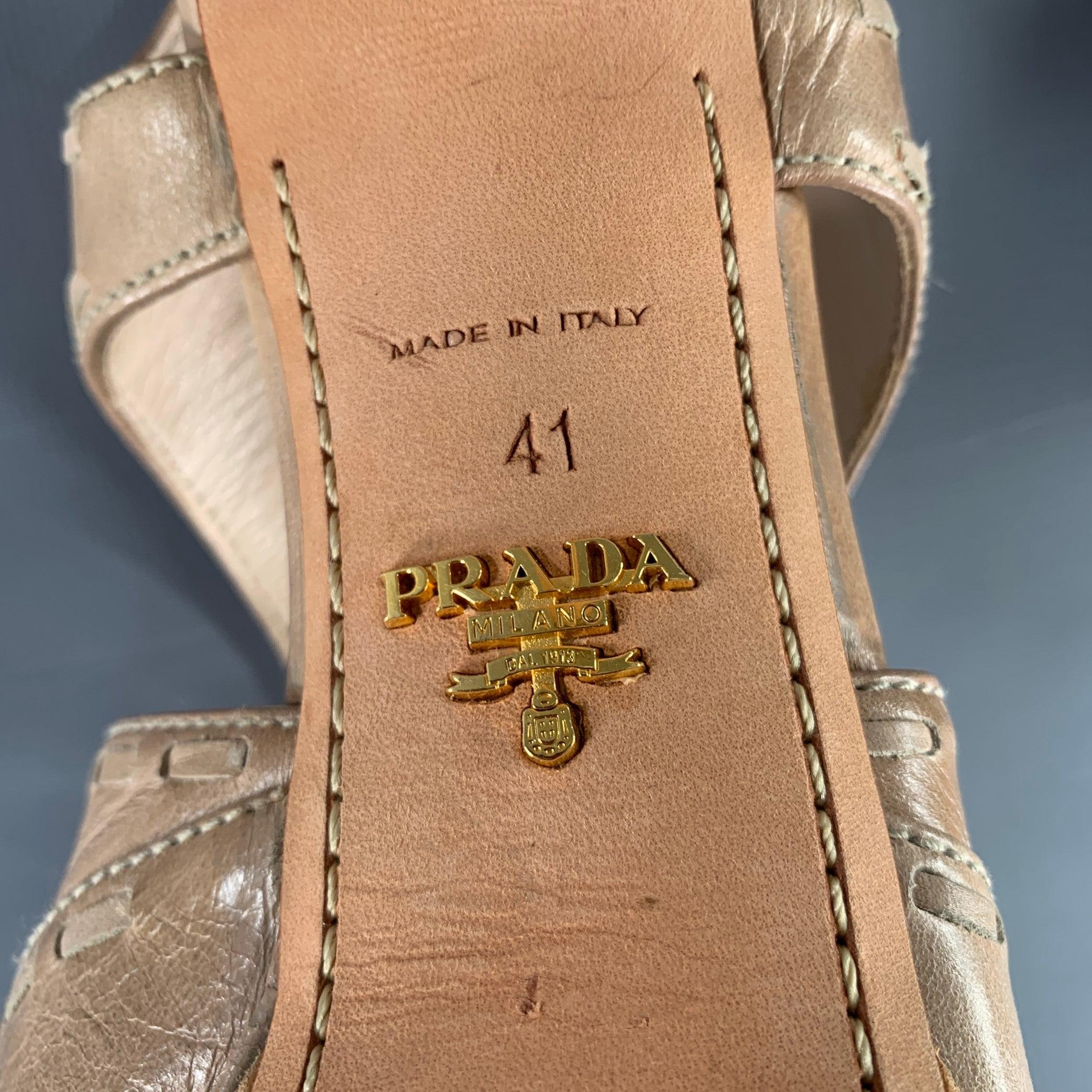 PRADA Size 11 Beige Taupe Leather Woven Espadrille Sandals For Sale 4