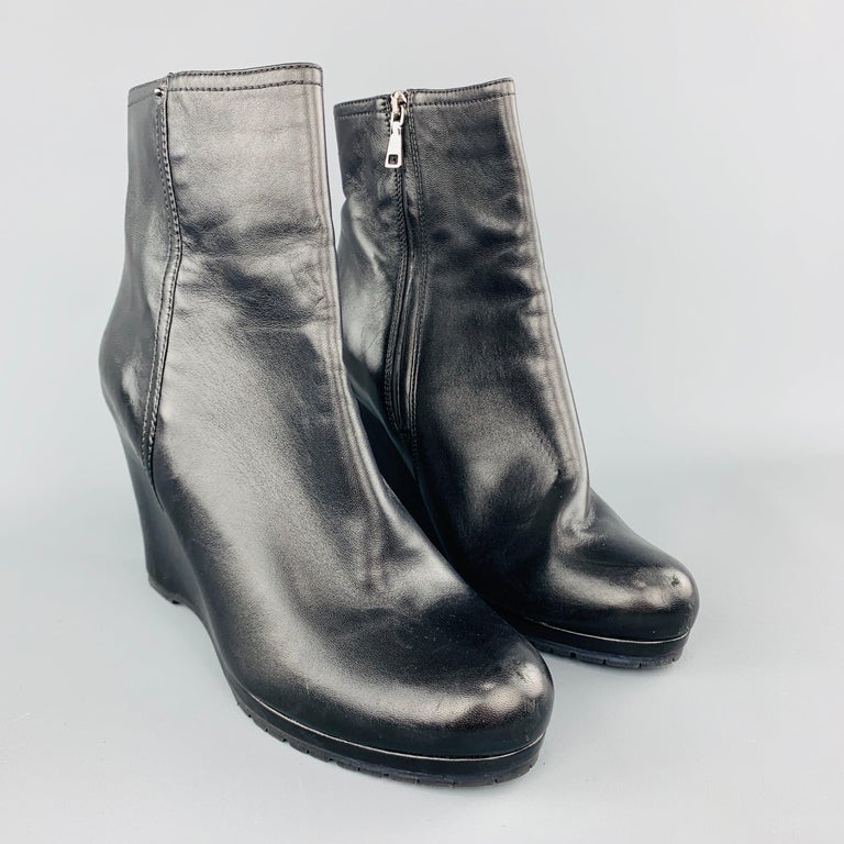 PRADA Size 11 Black Leather Wedge Ankle Boots at 1stDibs