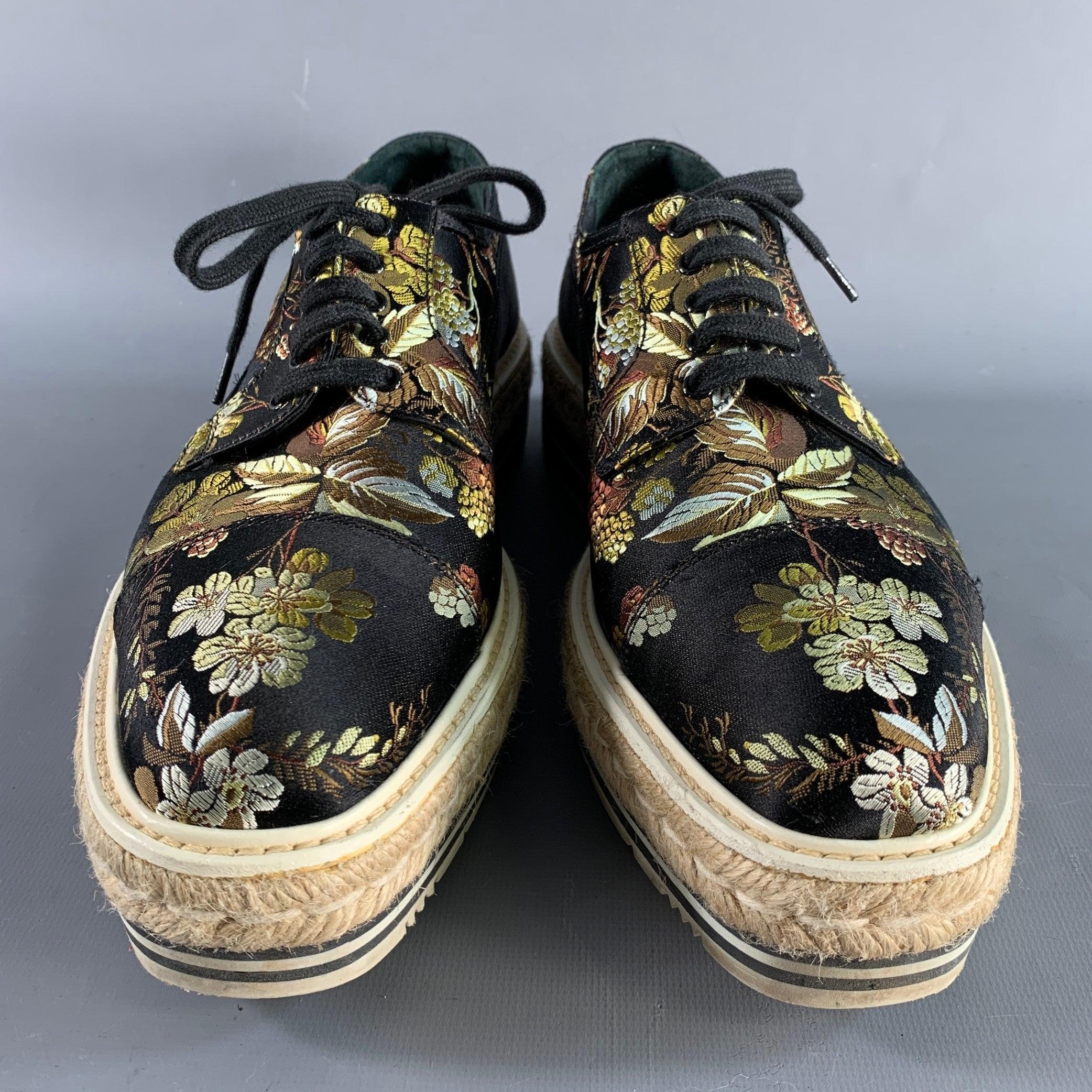 PRADA Taille 11 Lacets Plateforme Jacquard Floral Noir Multi-Couleur Pour femmes en vente