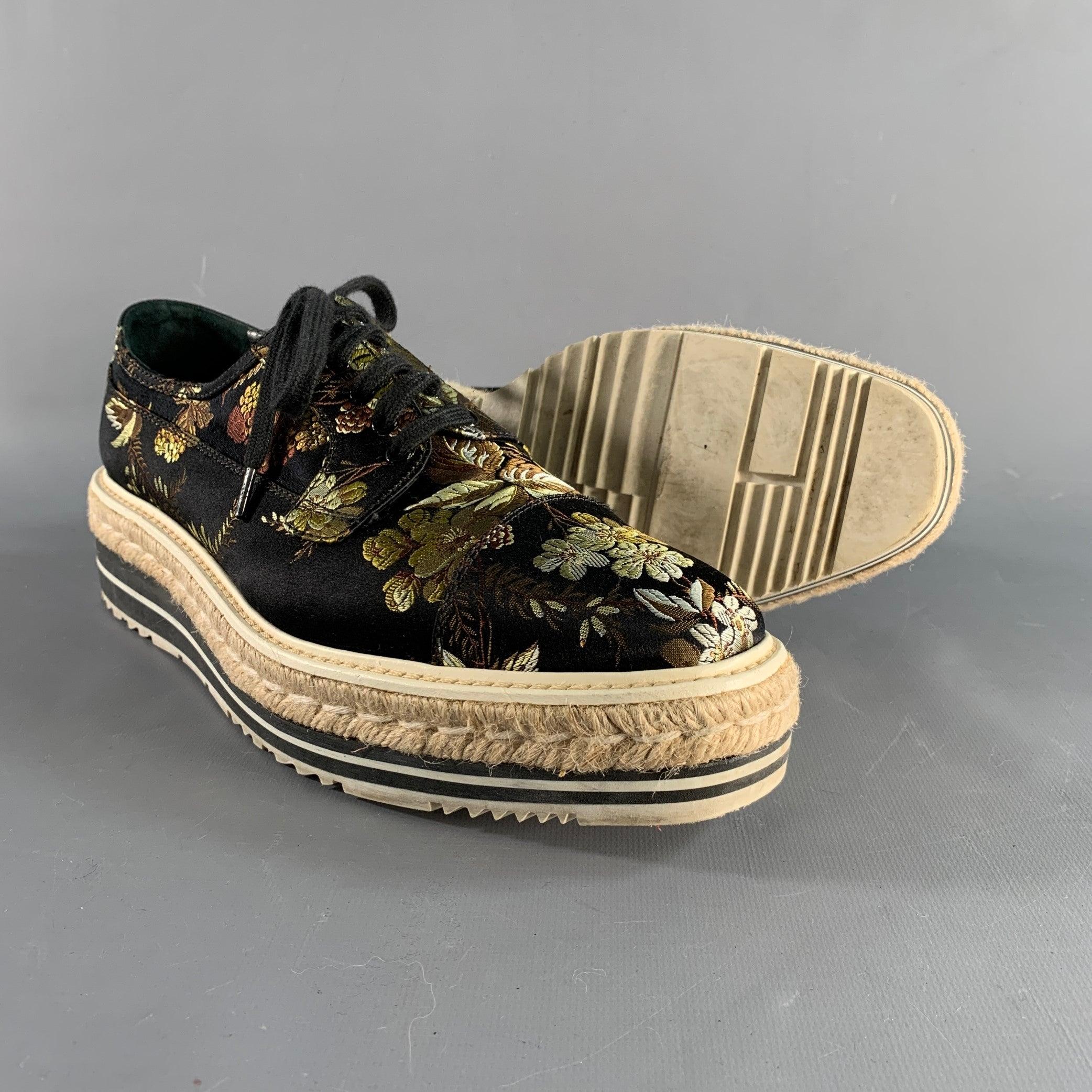 PRADA Taille 11 Lacets Plateforme Jacquard Floral Noir Multi-Couleur en vente 1