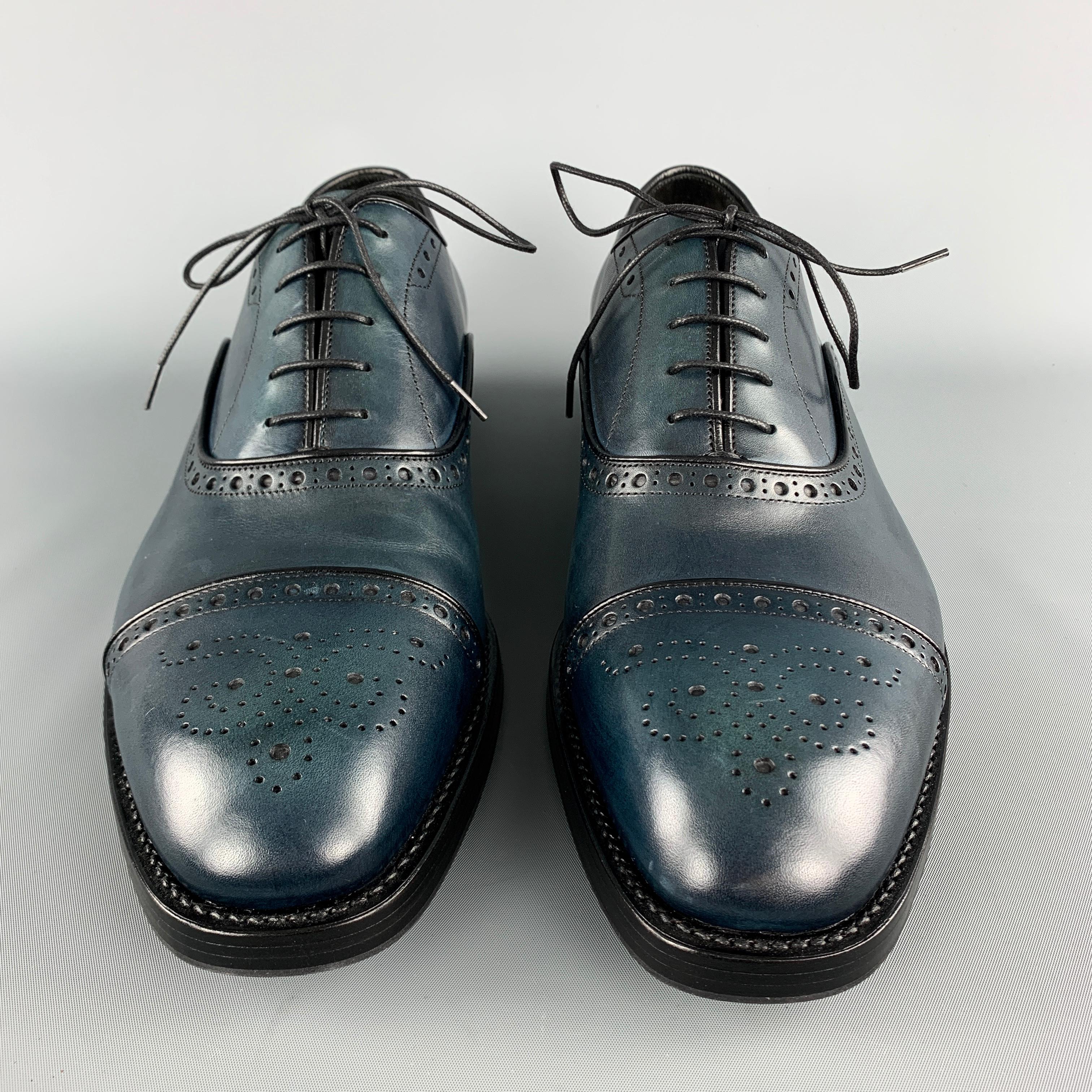 PRADA Size 11 Blue Antique Leather Cap Toe Oxford Lace Up In Excellent Condition In San Francisco, CA