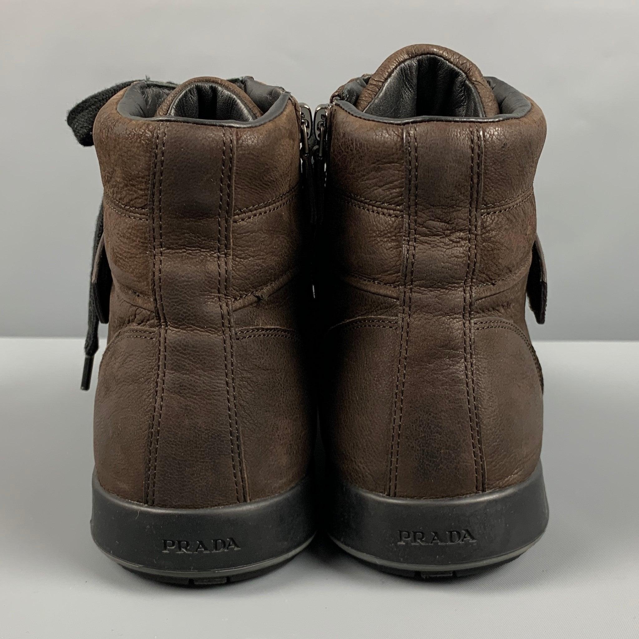 PRADA Size 11 Brown High Top Sneakers In Good Condition For Sale In San Francisco, CA