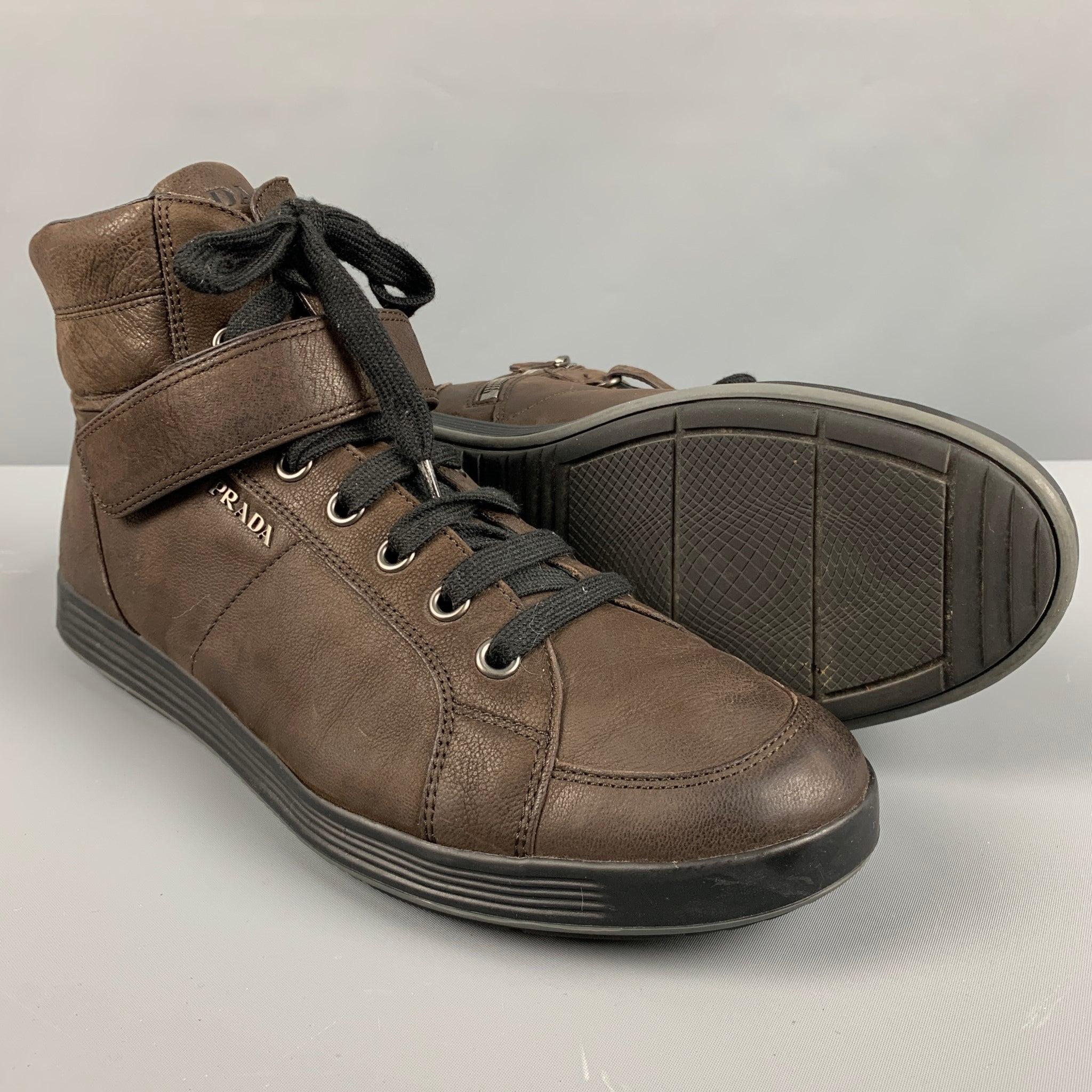 PRADA Size 11 Brown High Top Sneakers For Sale 1
