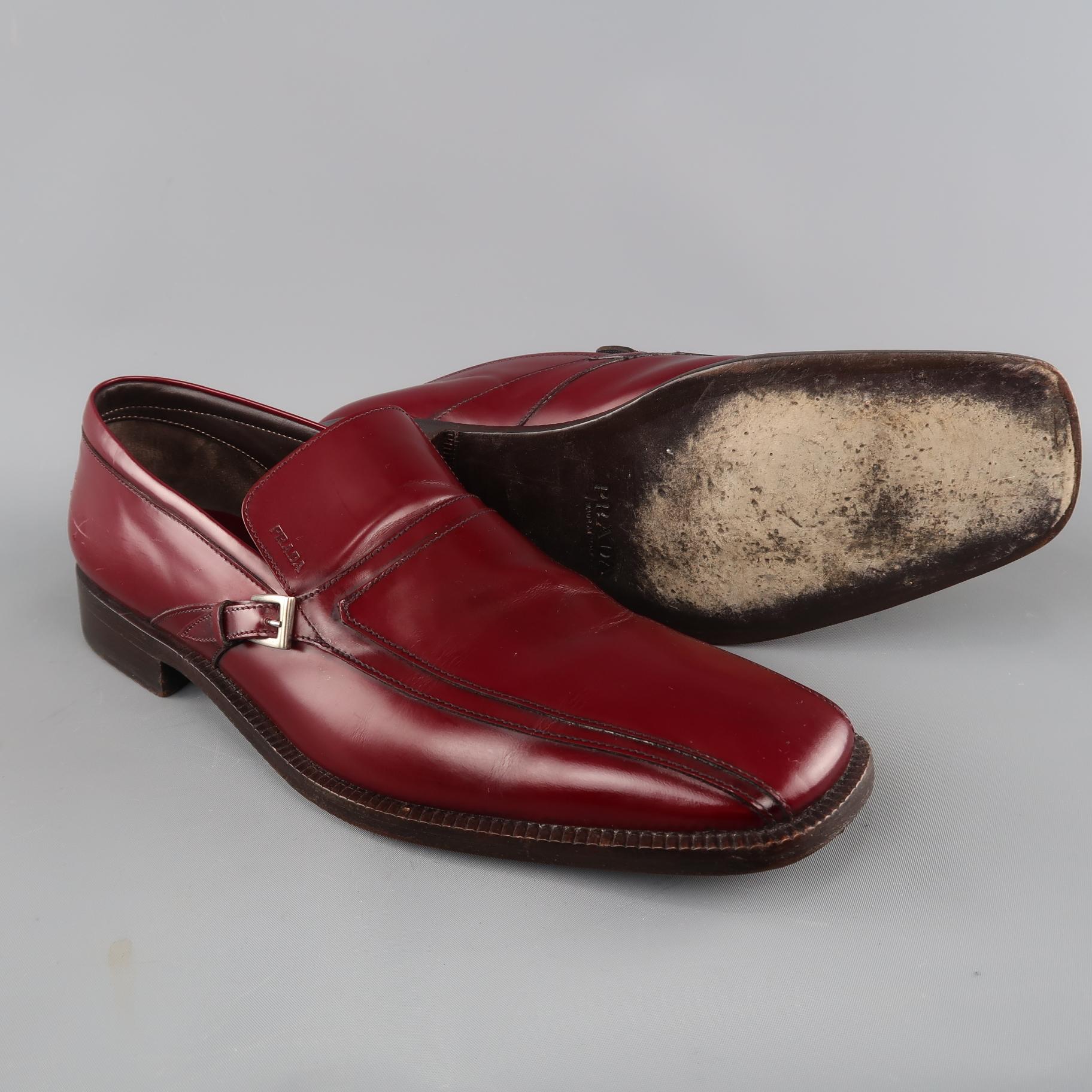 PRADA loafers come in burgundy leather with a square toe and buckle detail. With box. Made in Italy.
 
Excellent Pre-Owned Condition.
Marked: UK 10
 
Outsole: 12.80 x 4 in.