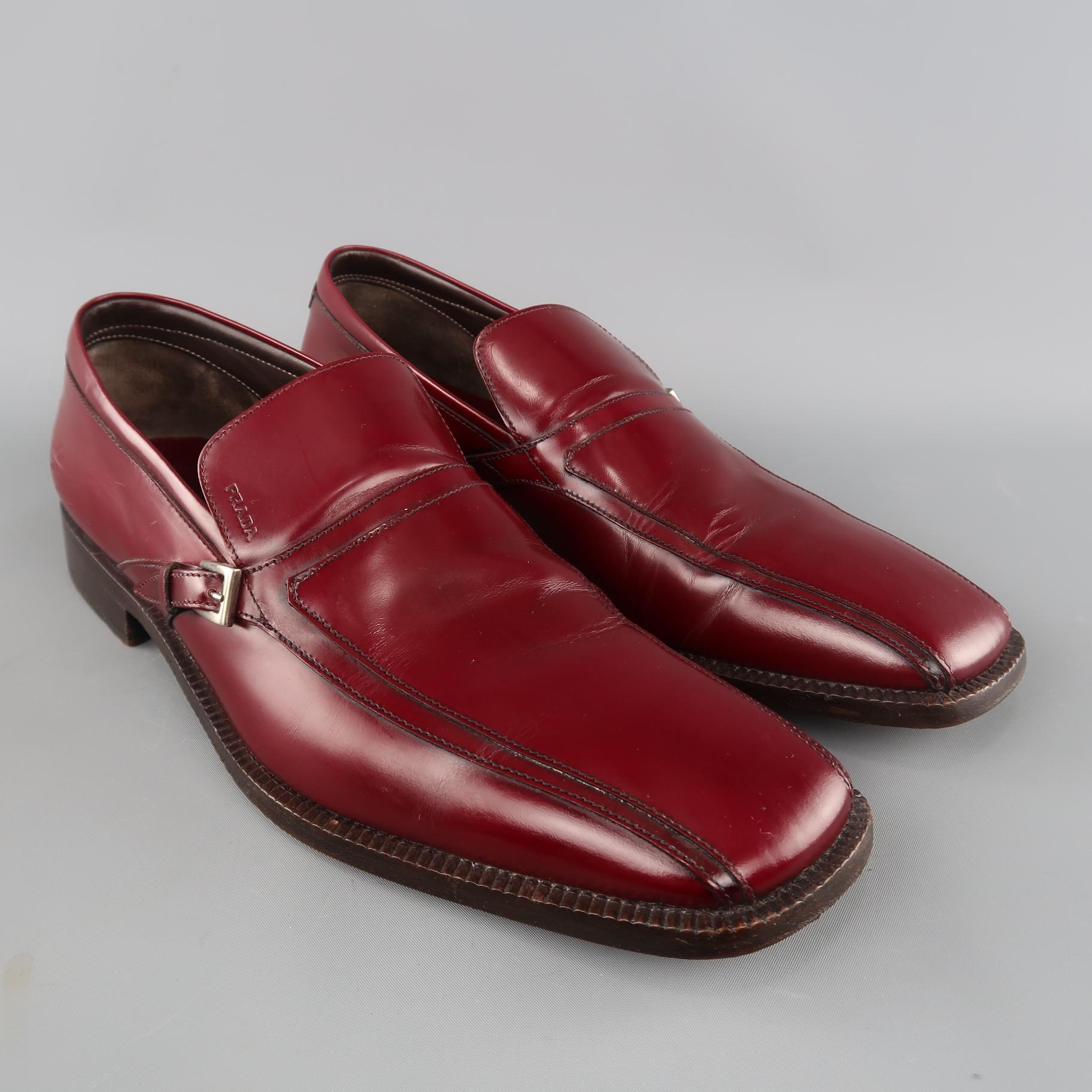 Black PRADA Size 11 Burgundy Solid Leather Square Toe Buckle Slip On Loafers