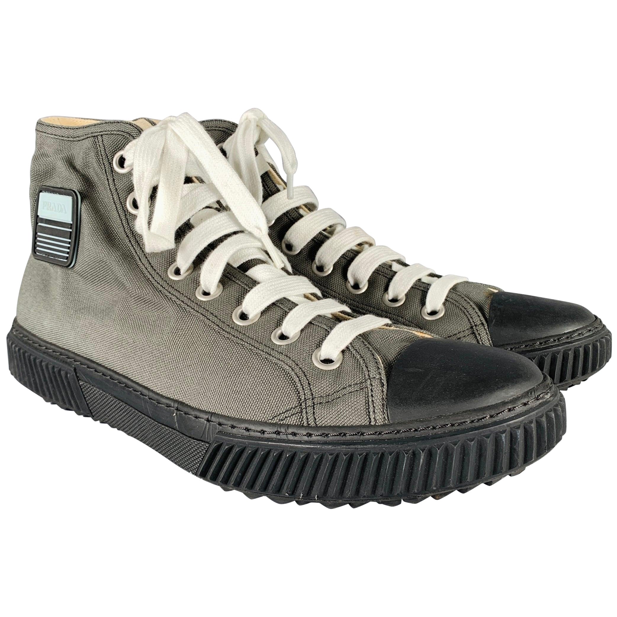 PRADA Size 11 Grey Black Canvas High Top Sneakers
