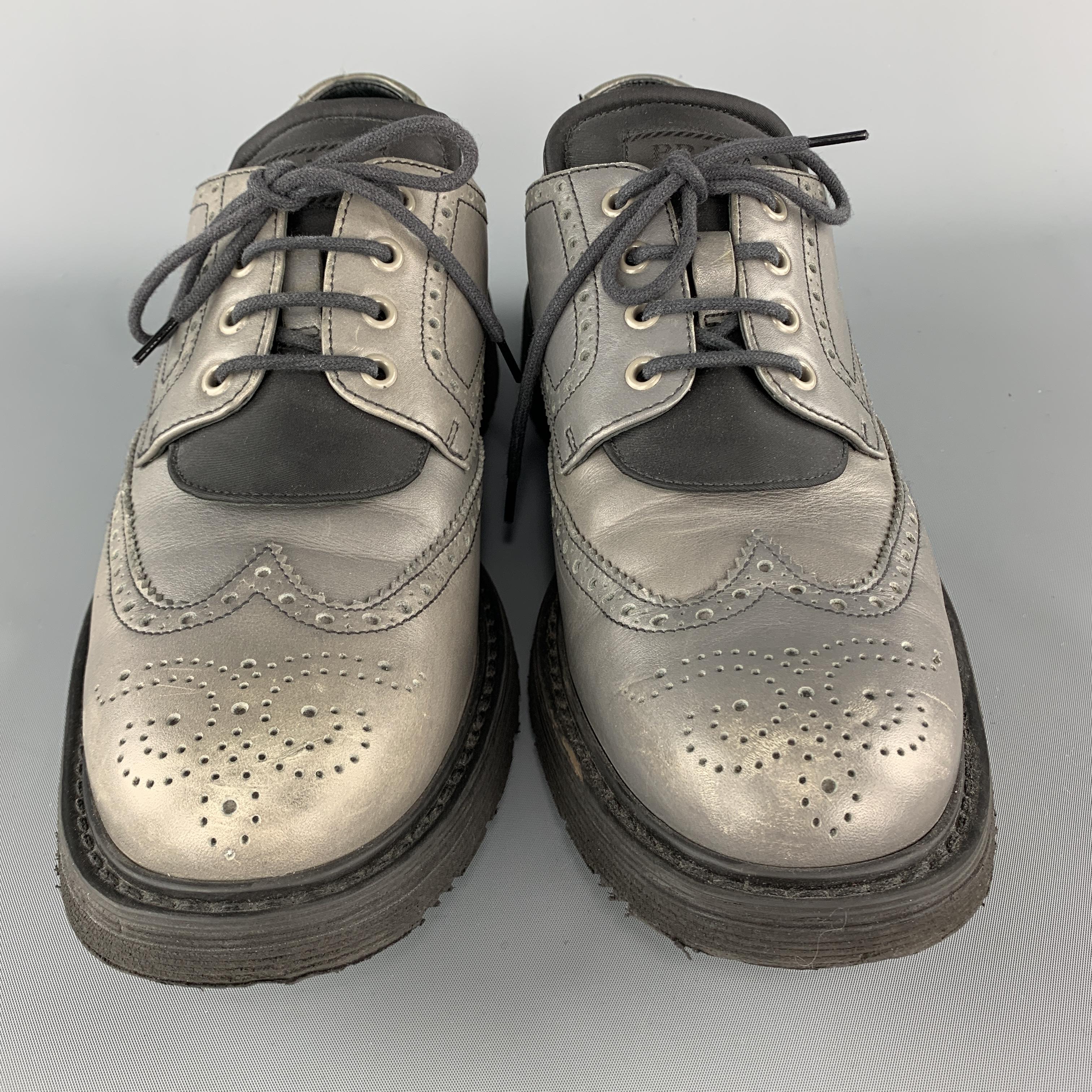 PRADA Size 11 Grey Wingtip Leather Nylon Tongue Lace Up In Fair Condition In San Francisco, CA