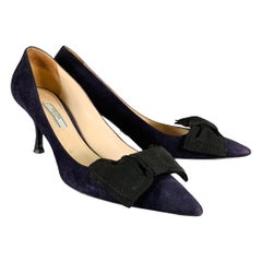 PRADA Size 11 Navy Suede Bow Pointed Toe Kitten Heel Pumps