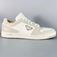 PRADA Size 11 White Grey Color Block Perforated Leather Logo Low Top Sneakers