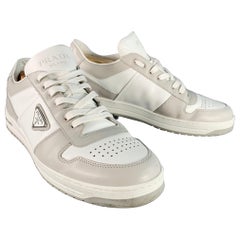 PRADA Size 11 White Grey Color Block Perforated Leather Logo Low Top Sneakers
