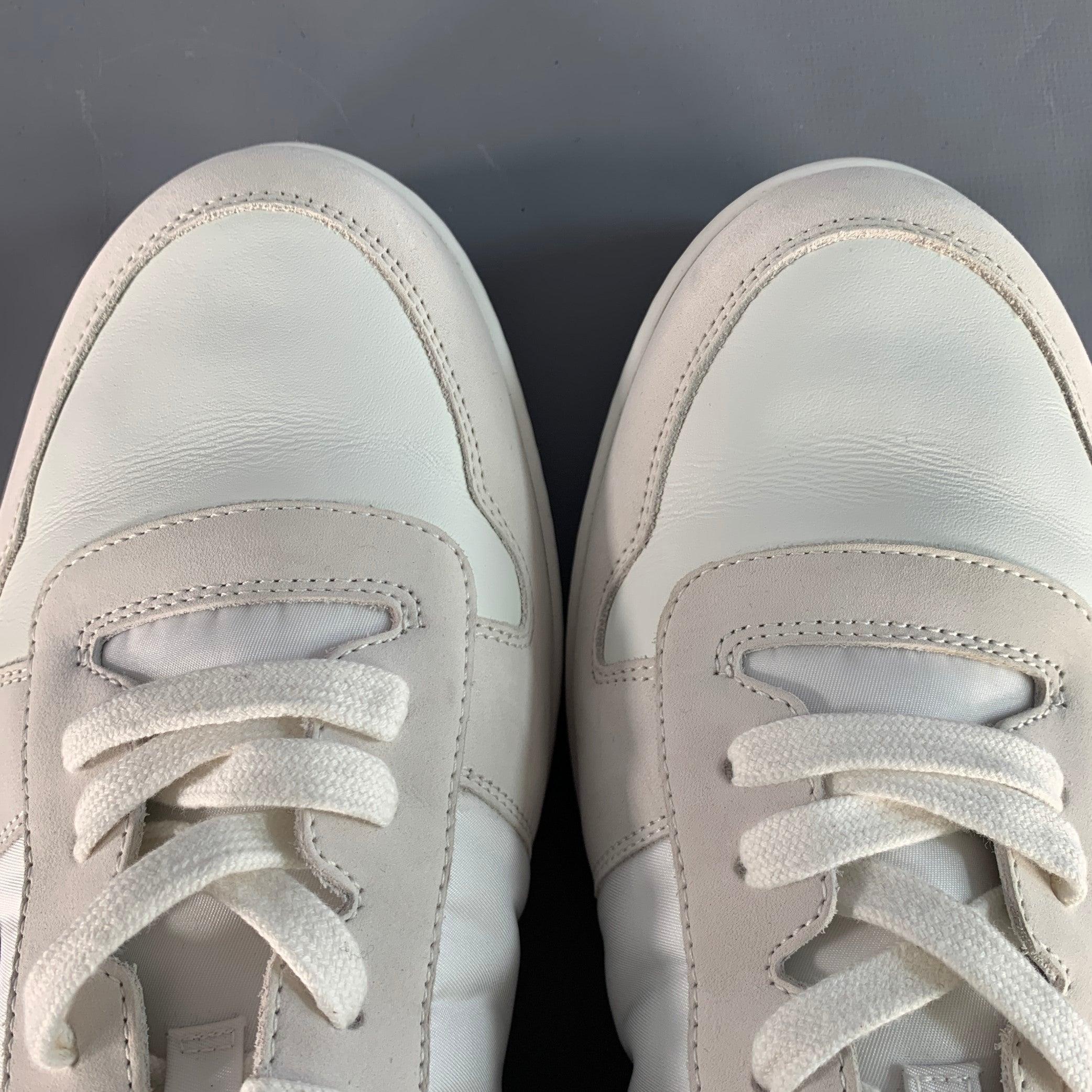 PRADA Size 11 White Navy Color Block Logo Leather Nylon Mesh Sneakers For Sale 6