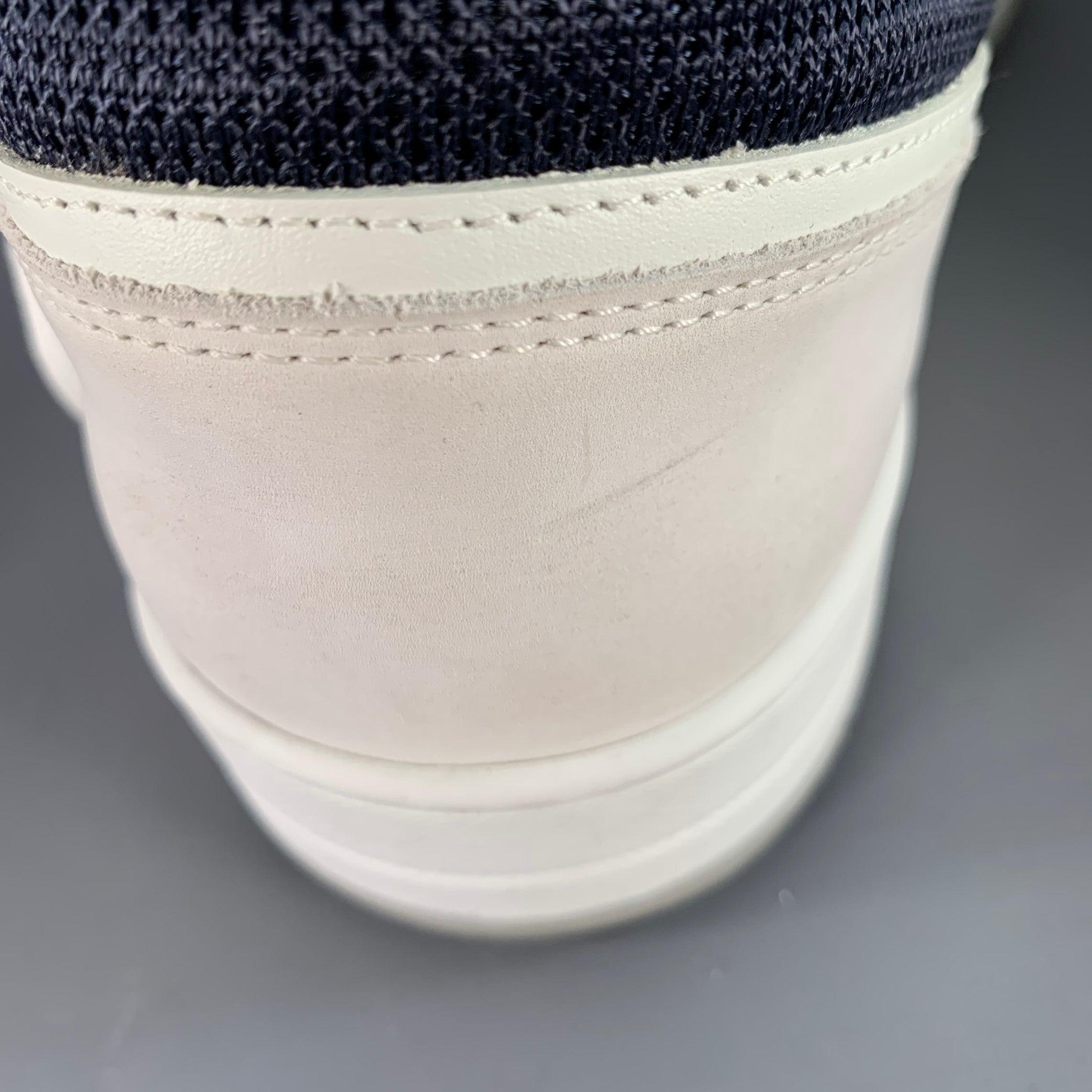 PRADA Size 11 White Navy Color Block Logo Leather Nylon Mesh Sneakers For Sale 7