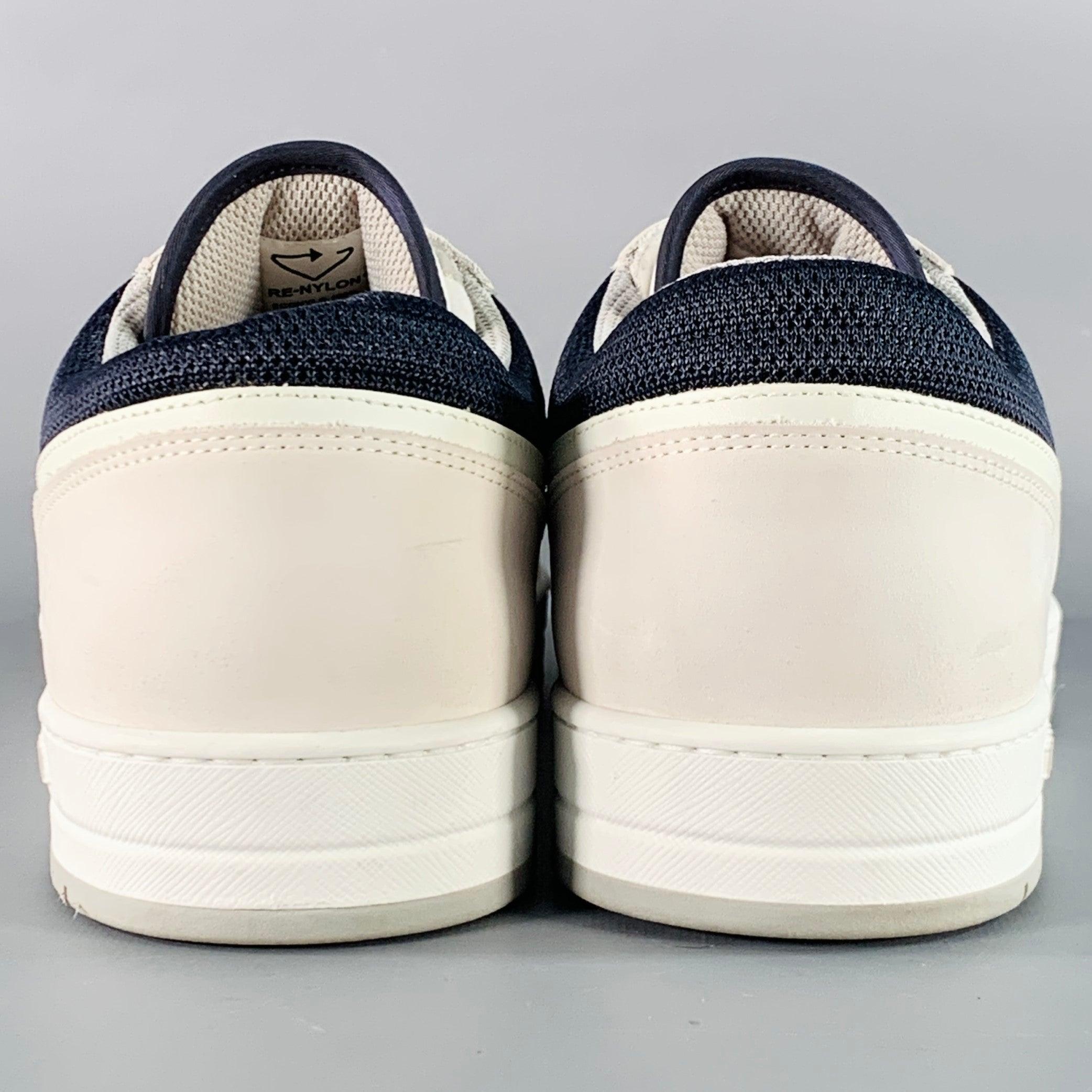 Men's PRADA Size 11 White Navy Color Block Logo Leather Nylon Mesh Sneakers For Sale