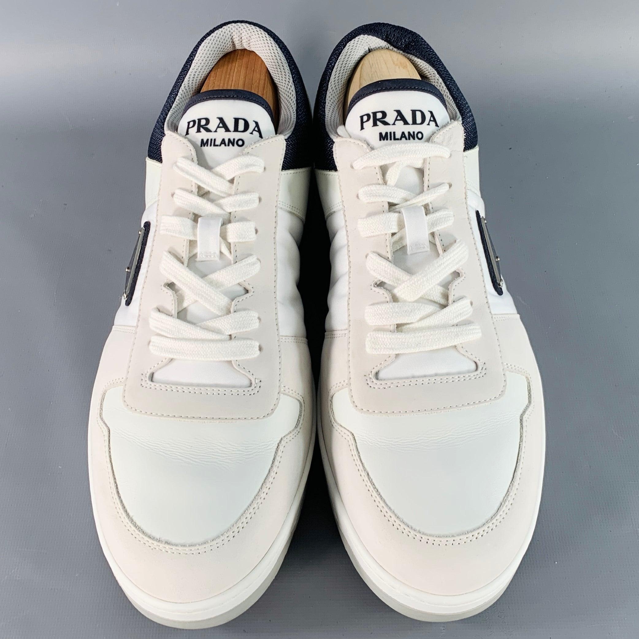 PRADA Size 11 White Navy Color Block Logo Leather Nylon Mesh Sneakers For Sale 1
