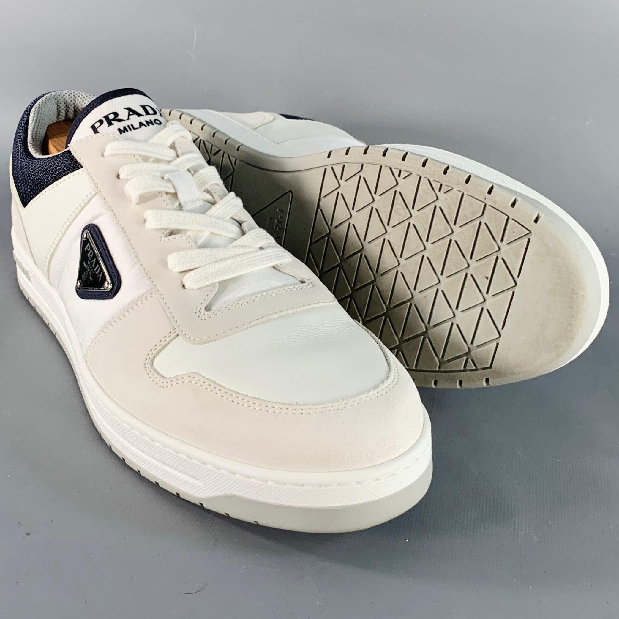 PRADA Size 11 White Navy Color Block Logo Leather Nylon Mesh Sneakers For Sale 2